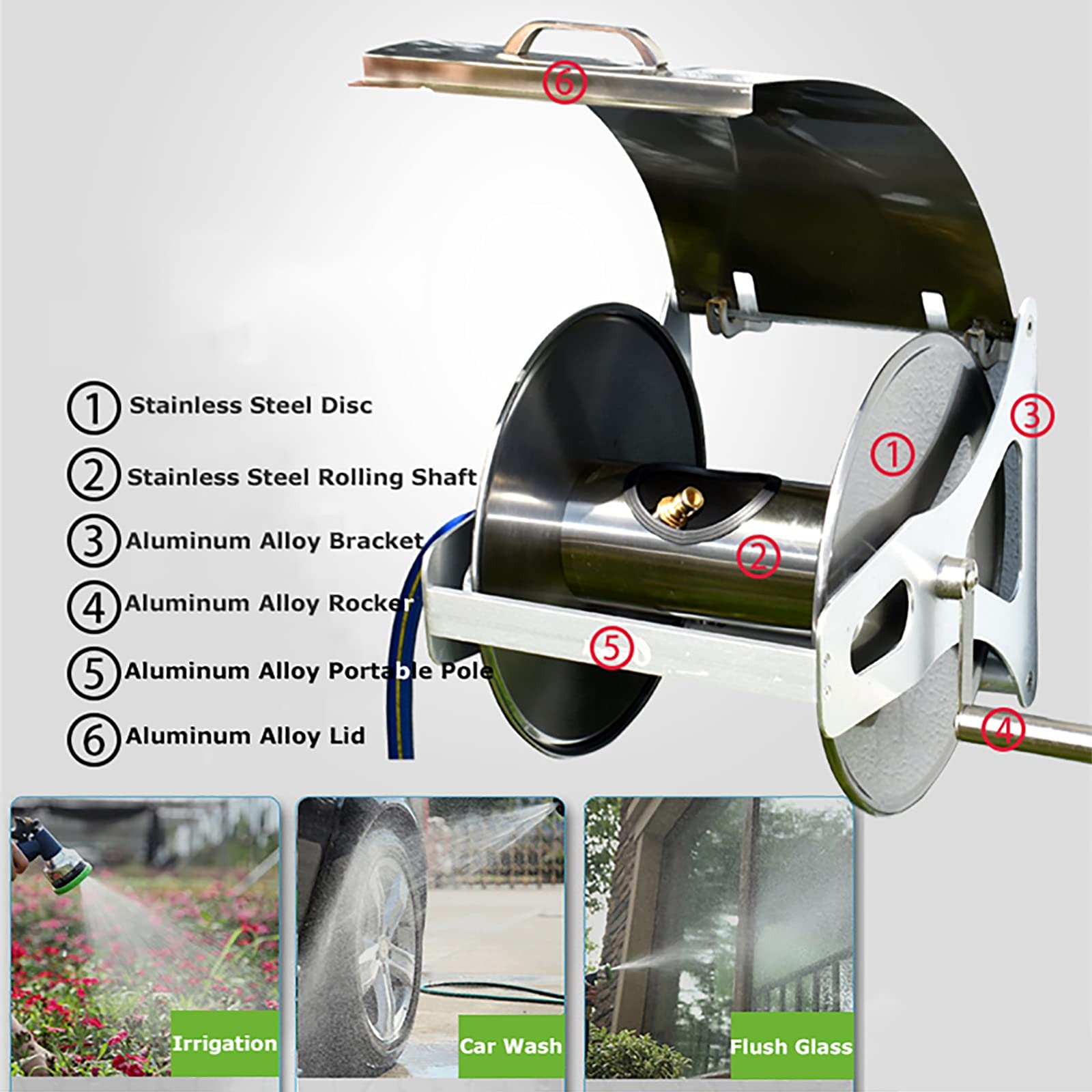 Stainless Steel Garden Hose Reel - Wall Mounted & Portable Outdoor Water Hose Holder for Lawn, Garden, Patio & Car Washing