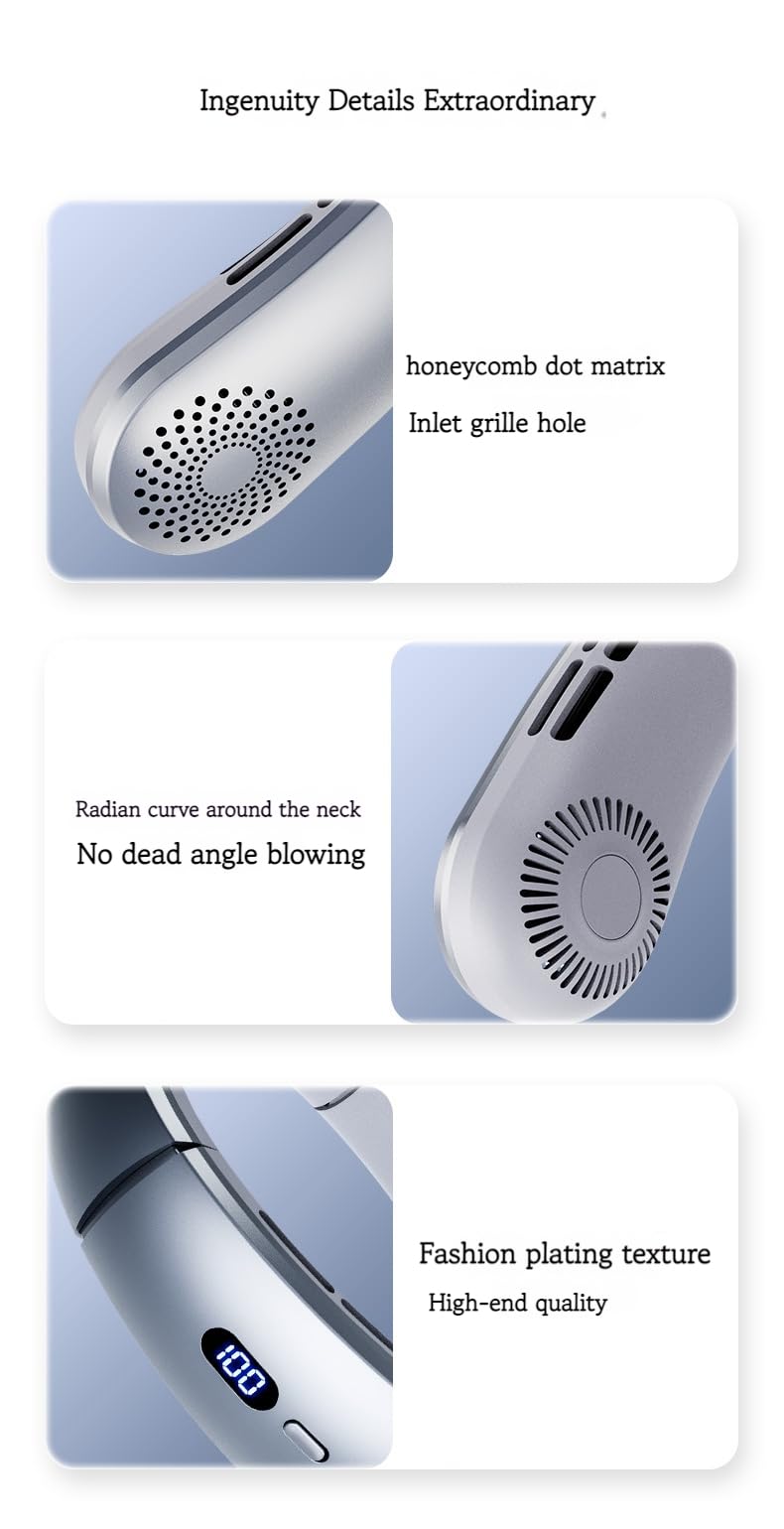 Portable USB Rechargeable Neck Fan - Hands-Free Bladeless Personal Fan with 1-100 Speed Settings, Ultra Quiet Wearable Cooling Fan for Office, Gym, Travel, Hiking - Adjustable Left/Right Angles - Perfect Gift for Men & Women (Blue)