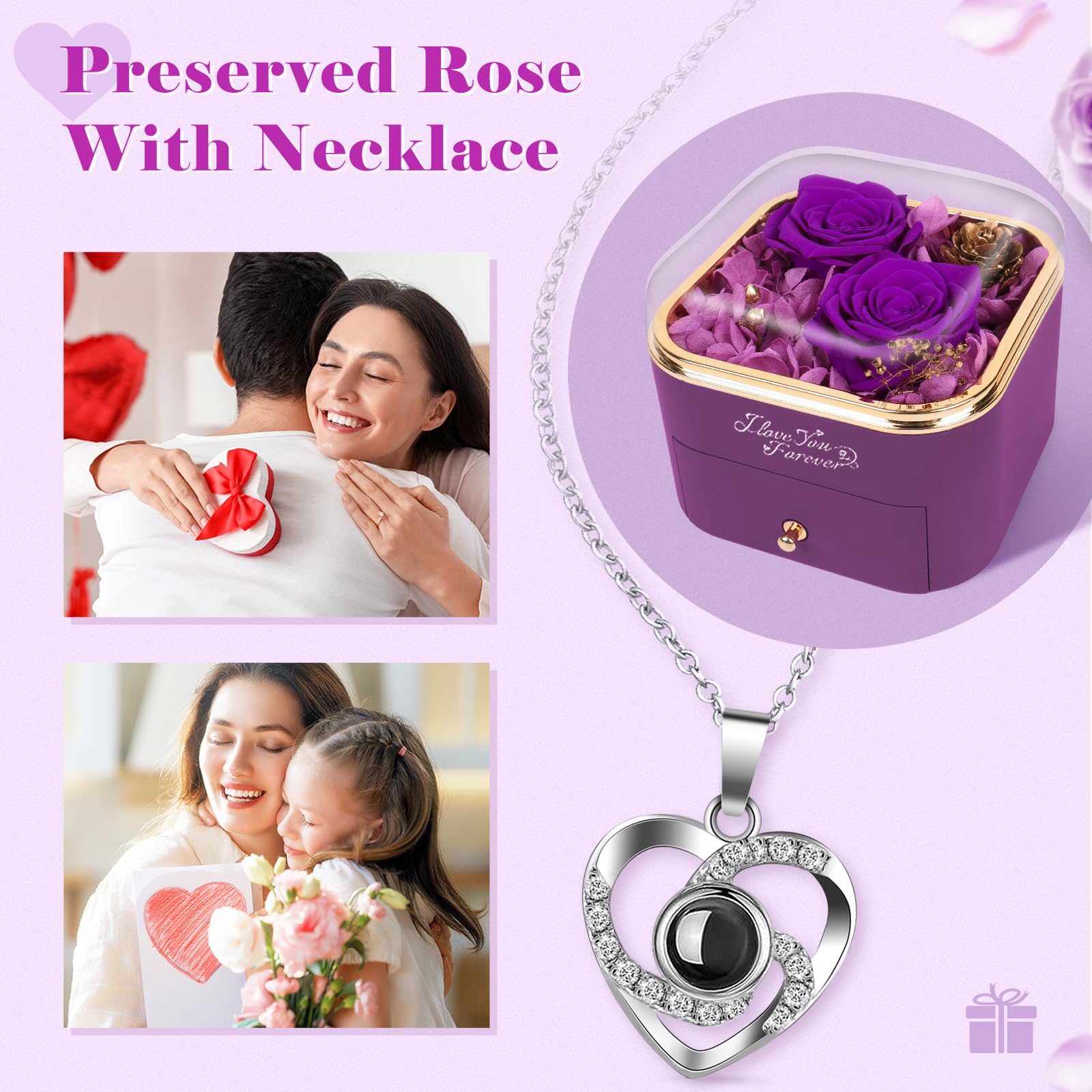 DEEMEI Preserved Real Purple Rose with Heart Necklace - Eternal Flower Gift for Women, Mom, Wife, Girlfriend | Perfect for Mother's Day, Birthday, Anniversary | Romantic Home Decor & Special Occasion Gift