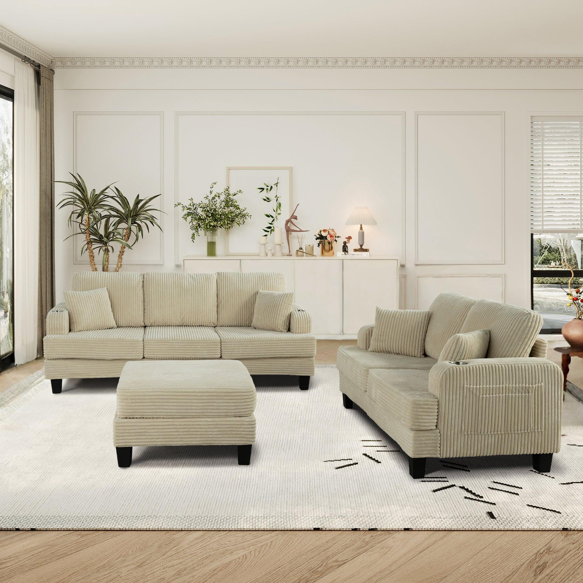 Beige 3-Piece Sectional Sofa Set with Storage Ottoman - 3-Seater Couch & Loveseat for Living Room, Includes USB Charging Ports, Side Pockets & Throw Pillows - Perfect for Family Gatherings, Movie Nights and Small Space Apartments
