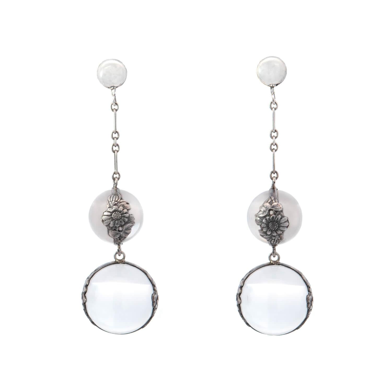 Art Nouveau Sterling Silver Rock Quartz Crystal Pools of Light Earrings - Dainty Bohemian Jewelry for Women, Gift for Her - Perfect for Weddings, Parties & Special Occasions