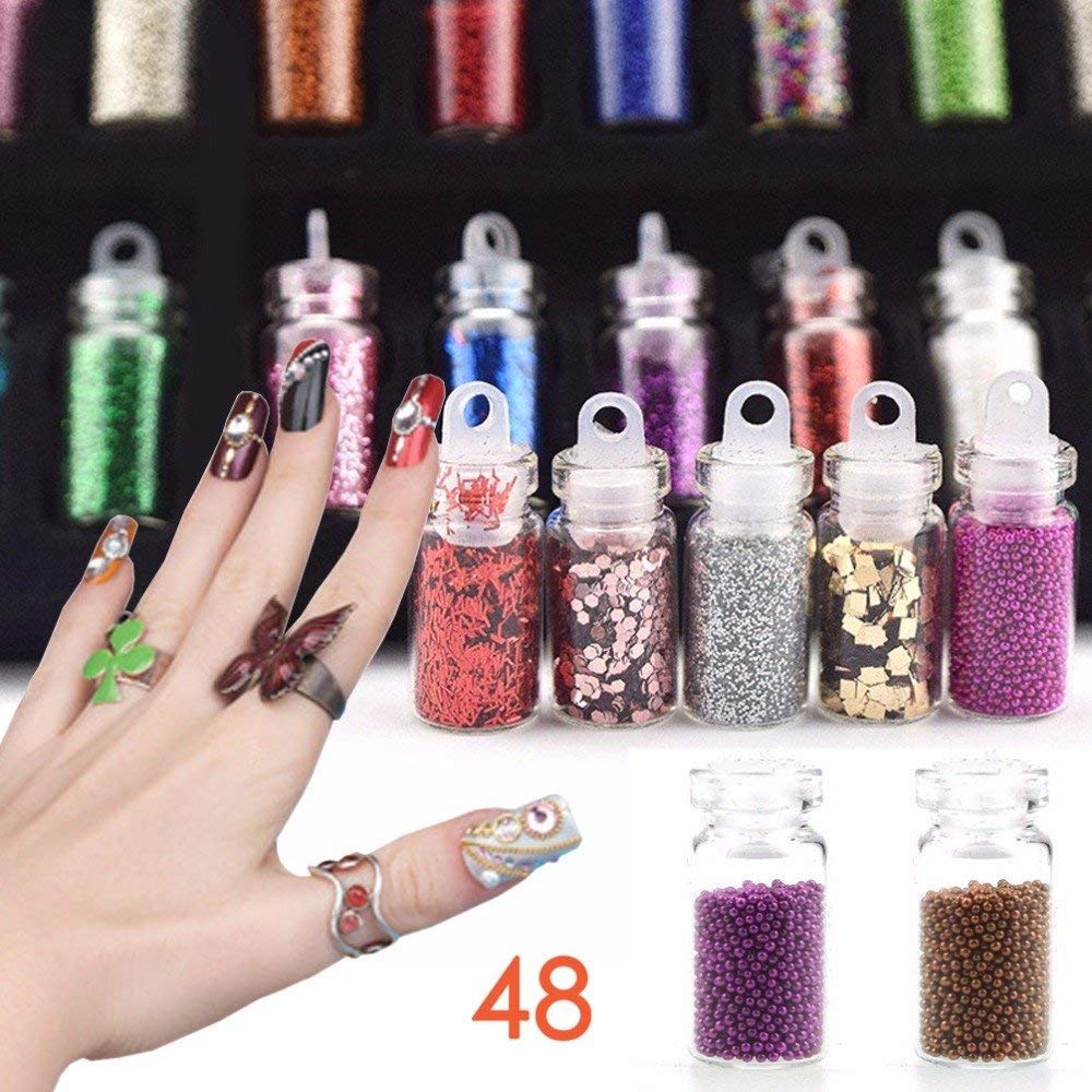FOK 48 Bottles 3D Nail Art Set - Glass Nail Decorations, Glitter Powder & Rhinestone Sequins in Mixed Colors | DIY Manicure, Nail Salon, Party Nail Design