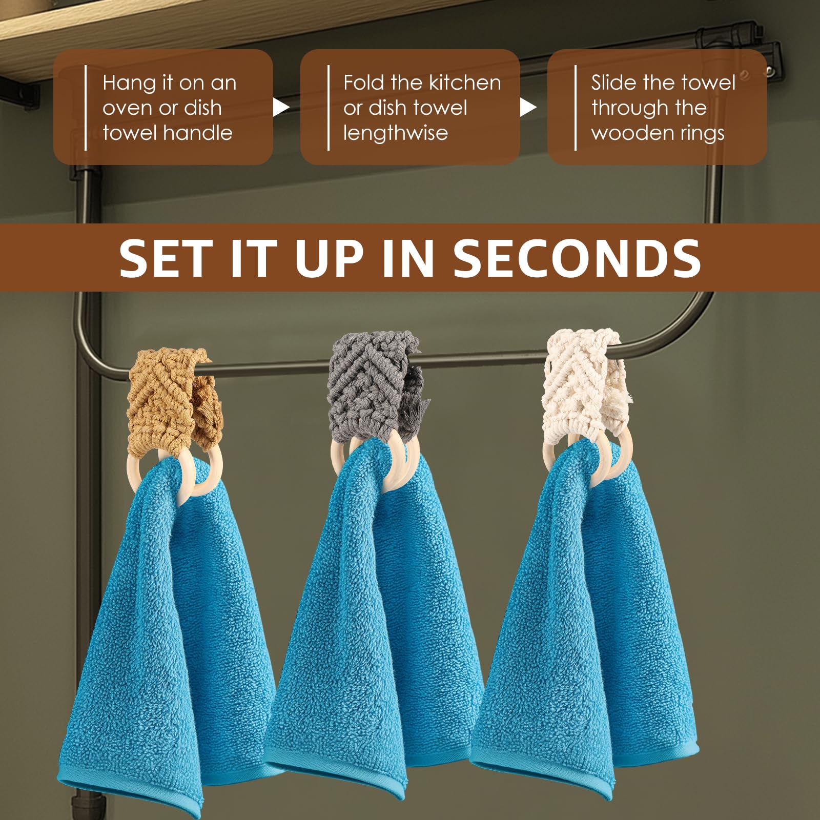 3Pcs Handmade Crochet Dish Towel Holders - Macrame Knit Hanging Kitchen Towel Organizer for Bathroom & Toilet - Decorative Cotton Towel Hooks for Kitchen, Farmhouse, RV & Dorm Room Decor