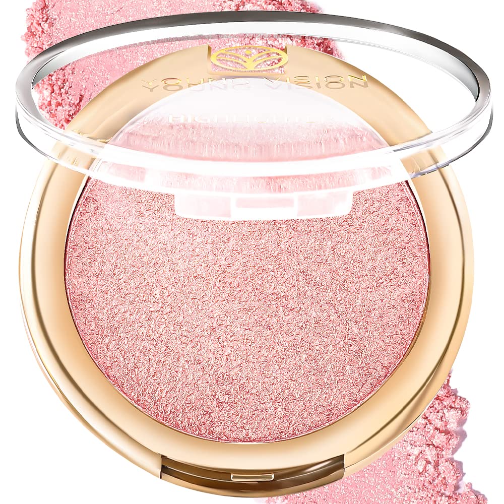 YOUNG VISION Baked Highlighter Powder Palette - Sheer Pearl Shimmer Face Highlighter & Blush Makeup Kit, Highly Pigmented Rose/Pink Shade, 0.19 Oz (Pack of 1) | Perfect for Contouring, Everyday Glow & Special Occasion Makeup