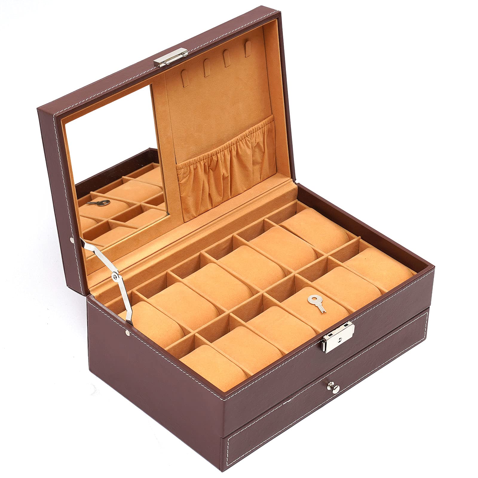Premium Leather Watch Box with Mirror - 2-Layer Jewelry Organizer for Rings & Necklaces | USA Stock | Perfect for Travel, Gifts & Home Display