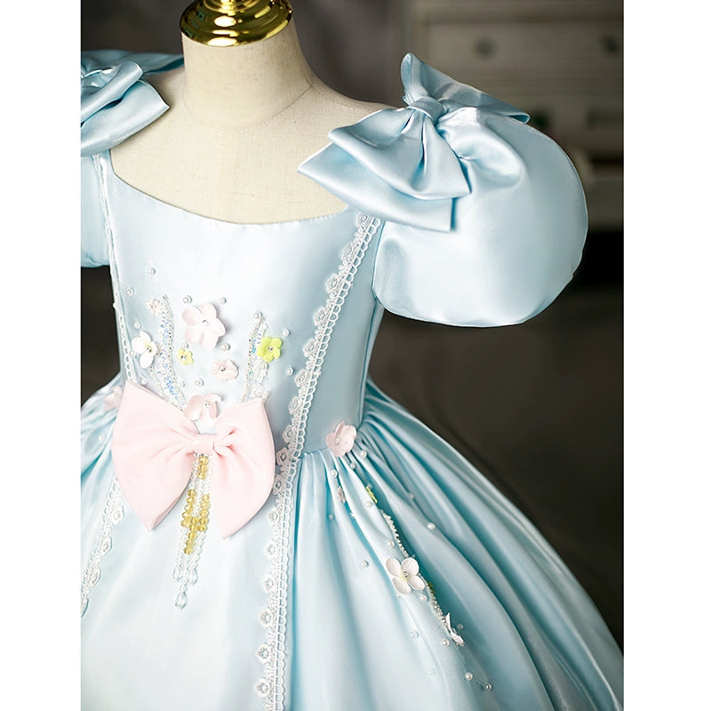 Mint Green Satin Princess Flower Girl Dress - Elegant Square Neck Floor Length Formal Gown for Weddings, Parties & Special Occasions