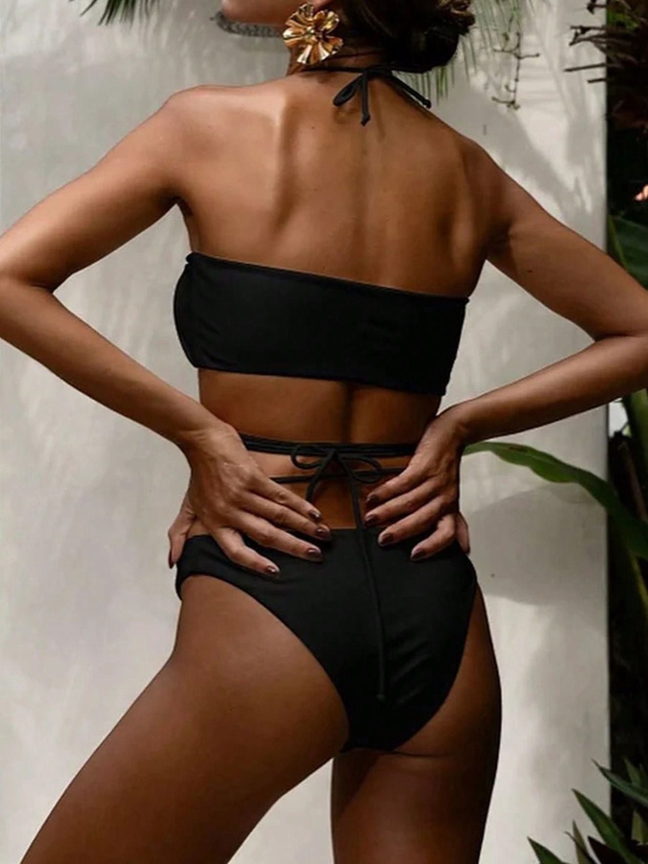 ZASUWA Women's Solid Color Pearl Lace Up Hollow Out 3 Piece Mesh Bikini Set - Sexy Swimwear for Beach, Pool Party & Summer Vacation