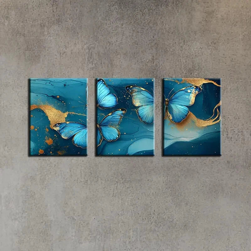 3-Piece Abstract Blue & Gold Butterfly Metal Wall Art - Ready to Hang Modern Home Decor for Living Room, Bedroom & Office