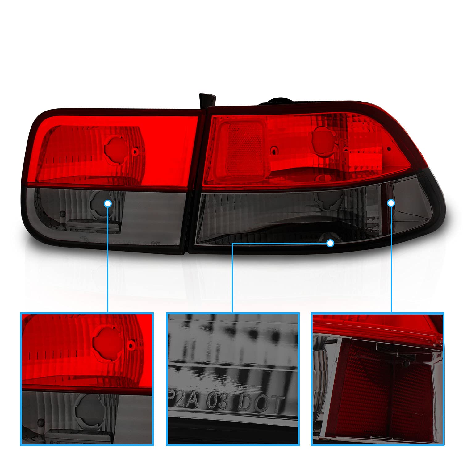 1996-2000 Honda Civic Coupe Red Smoke Crystal LED Brake Tail Lights - 4pc Complete Set (Driver & Passenger Side) | High Visibility, Easy Installation | Perfect for Night Driving & Car Customization