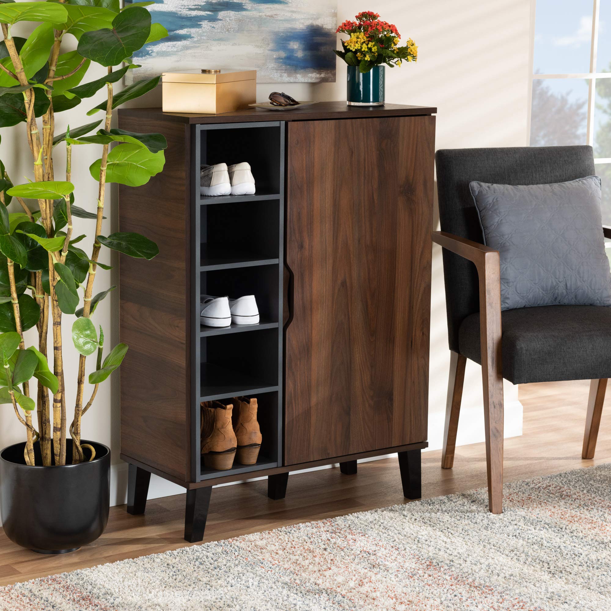 Baxton Studio Shoe Rack - 3-Tier Wooden Shoe Organizer with Sturdy Metal Frame in Walnut, Grey & Dark Brown | Space-Saving Entryway, Closet & Bedroom Storage Solution