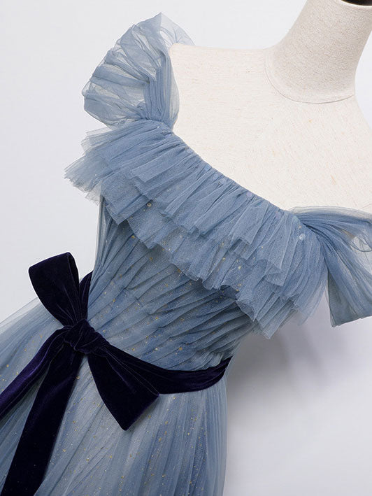 Elegant Blue Tulle Off-Shoulder Sequin Long Prom Dress for Women - Perfect for Evening Gala, Homecoming Dance & Formal Events