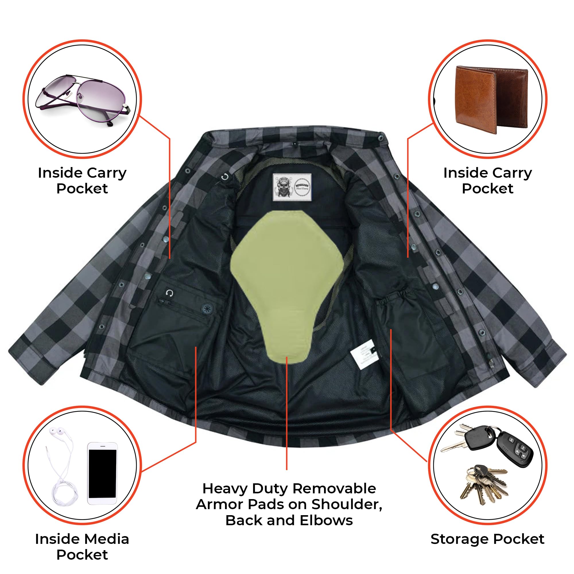 Daniel Smart Men's Motorcycle Plaid Shirt - All Season CE Approved Armored Flannel Biker Shirt with Waterproof Zippers for Riding & Outdoor Adventures