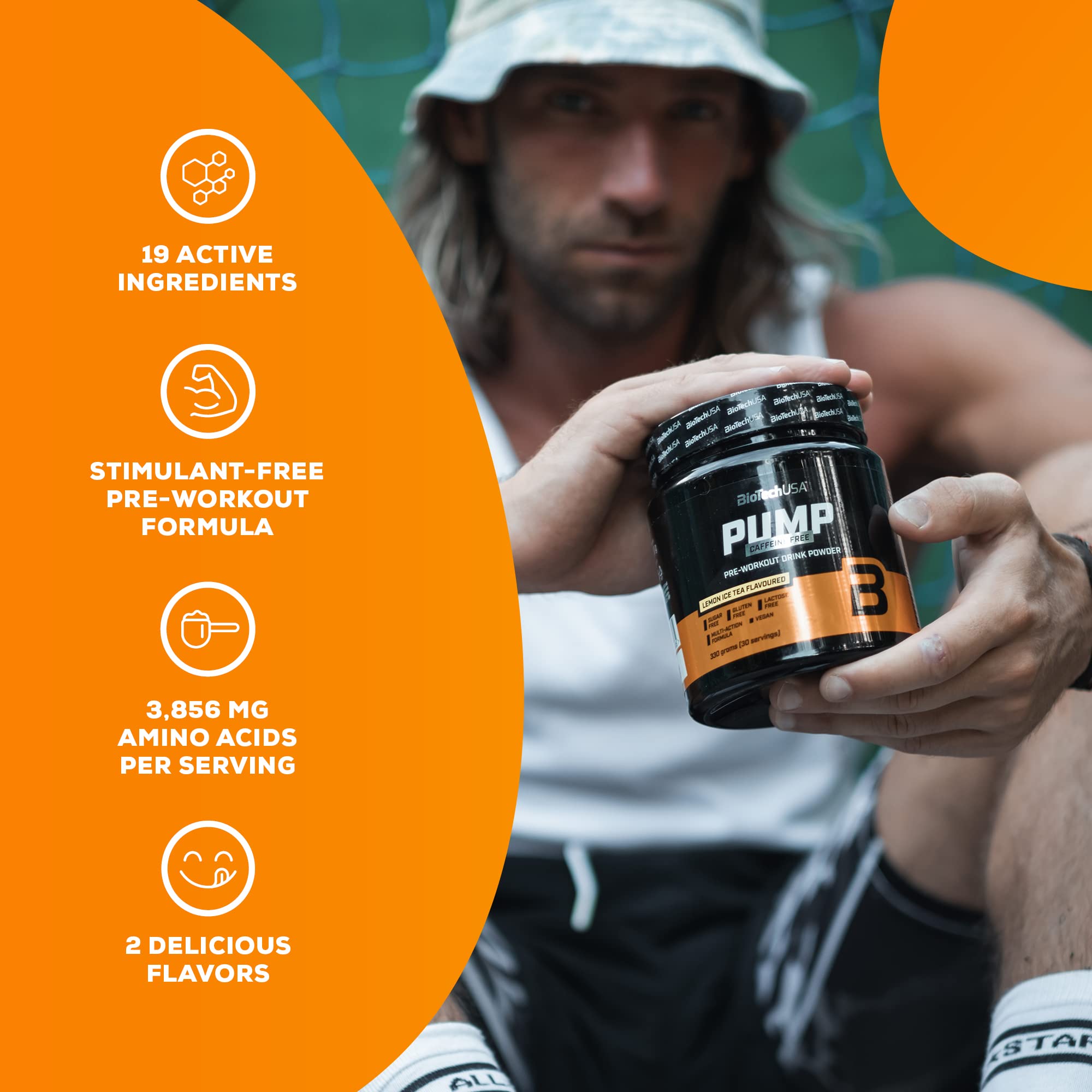 BioTechUSA Pump Caffeine Free Pre-Workout Powder - Lemon Ice Tea Flavor, 330g | Boost Energy & Performance for Gym, Fitness & Bodybuilding | Vegan & Gluten Free Supplement
