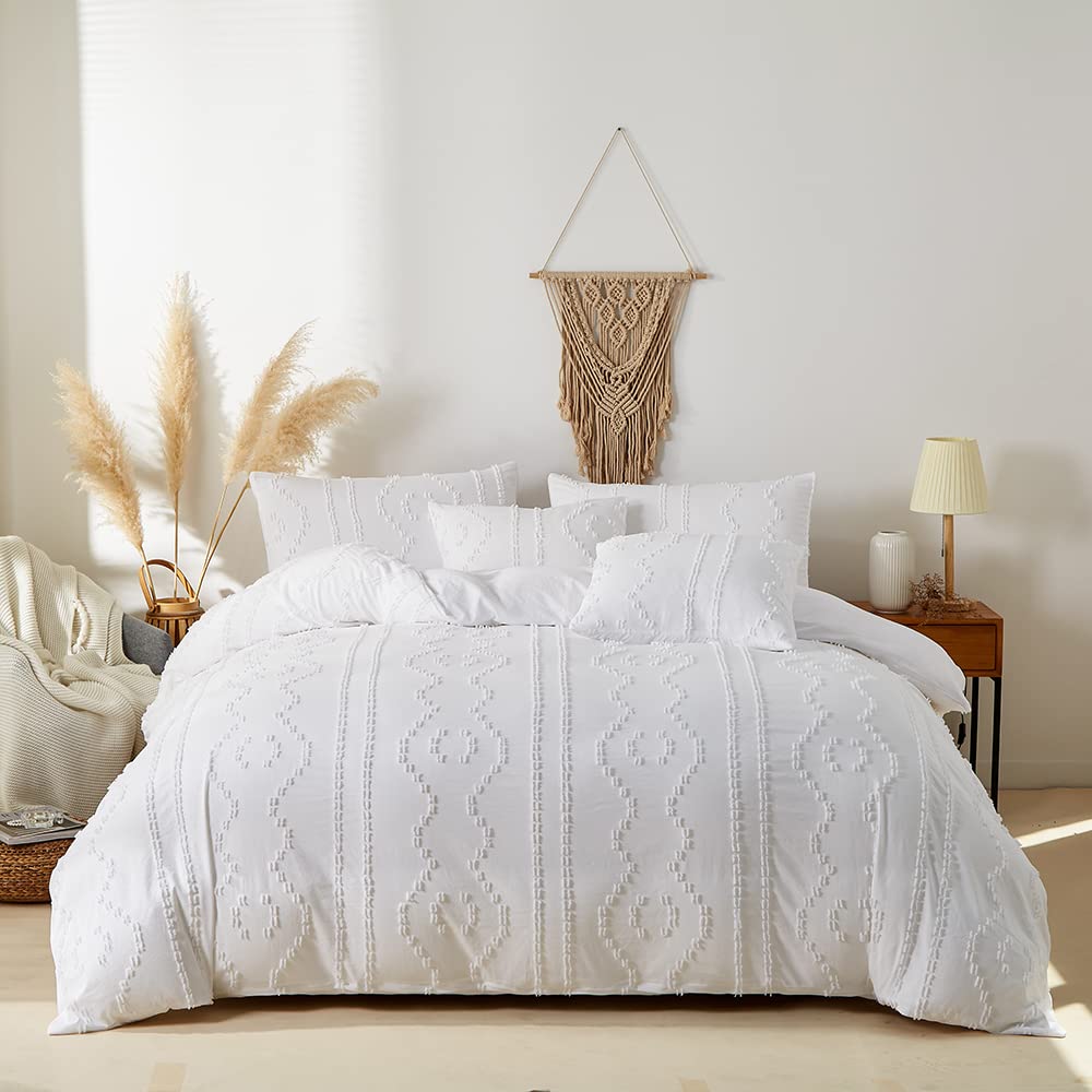 Boho Duvet Cover Set 5-Piece - Soft Breathable Tufted Comforter Cover for All Seasons | Shabby Chic Bedding | King/California King Size | White | Perfect for Master Bedroom, Guest Room & Bohemian Home Decor