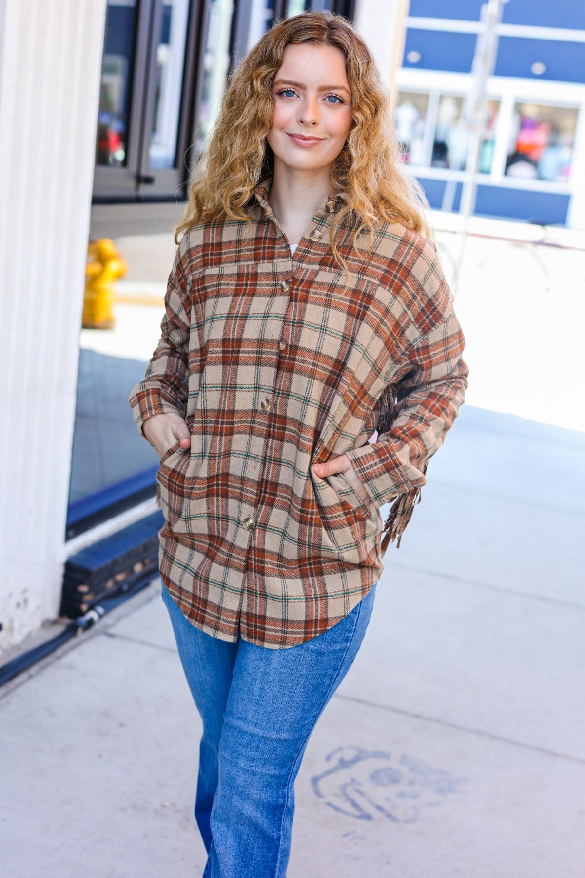 Stylish Taupe & Rust Flannel Plaid Fringe Jacket for Women - Cozy Fall Winter Layering Essential | Perfect for Outdoor Adventures, Casual Outings & Date Nights