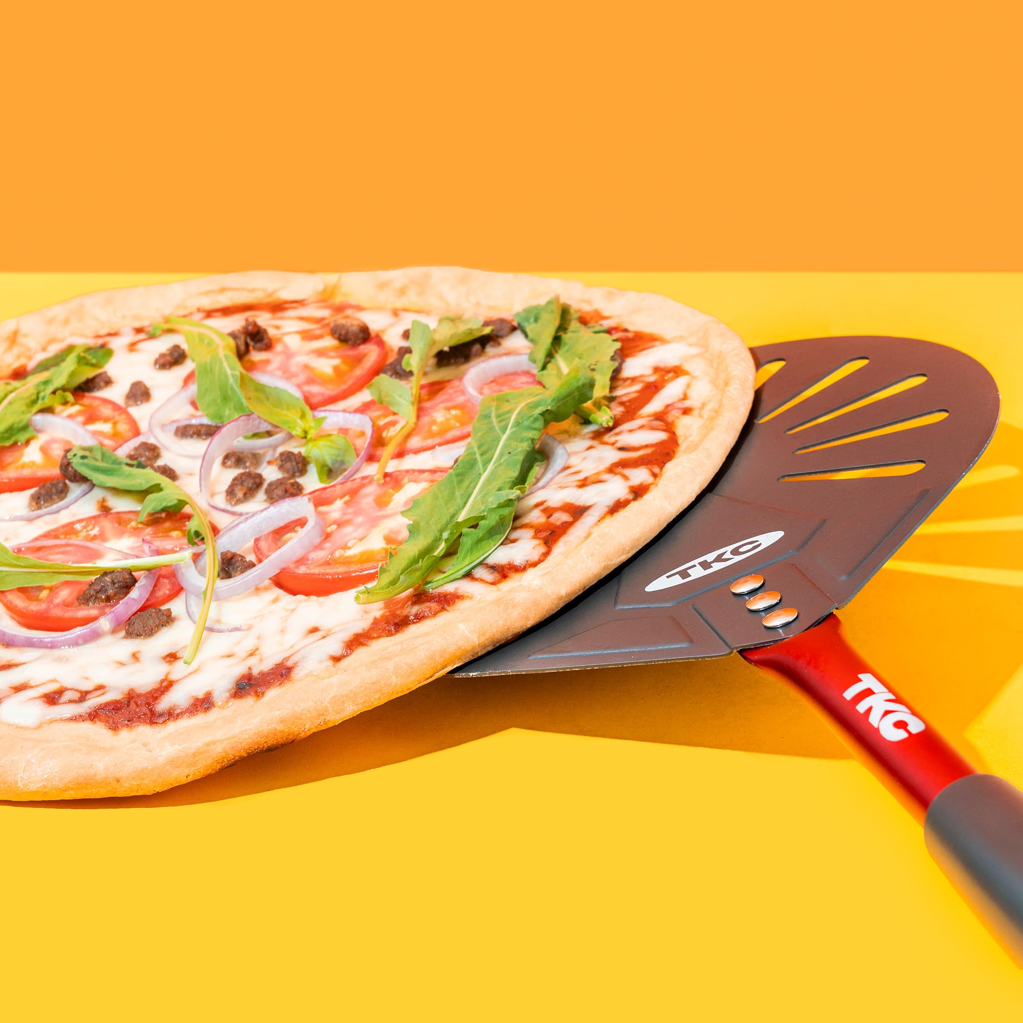 TKC 9-Inch Perforated Aluminum Pizza Peel - Professional Non-Stick Pizza Turner with Long Metal Handle - Lightweight Pizza Oven Accessory for Ooni & Outdoor Pizza Ovens - Perfect for Home Kitchens, Restaurants & Backyard BBQ Parties