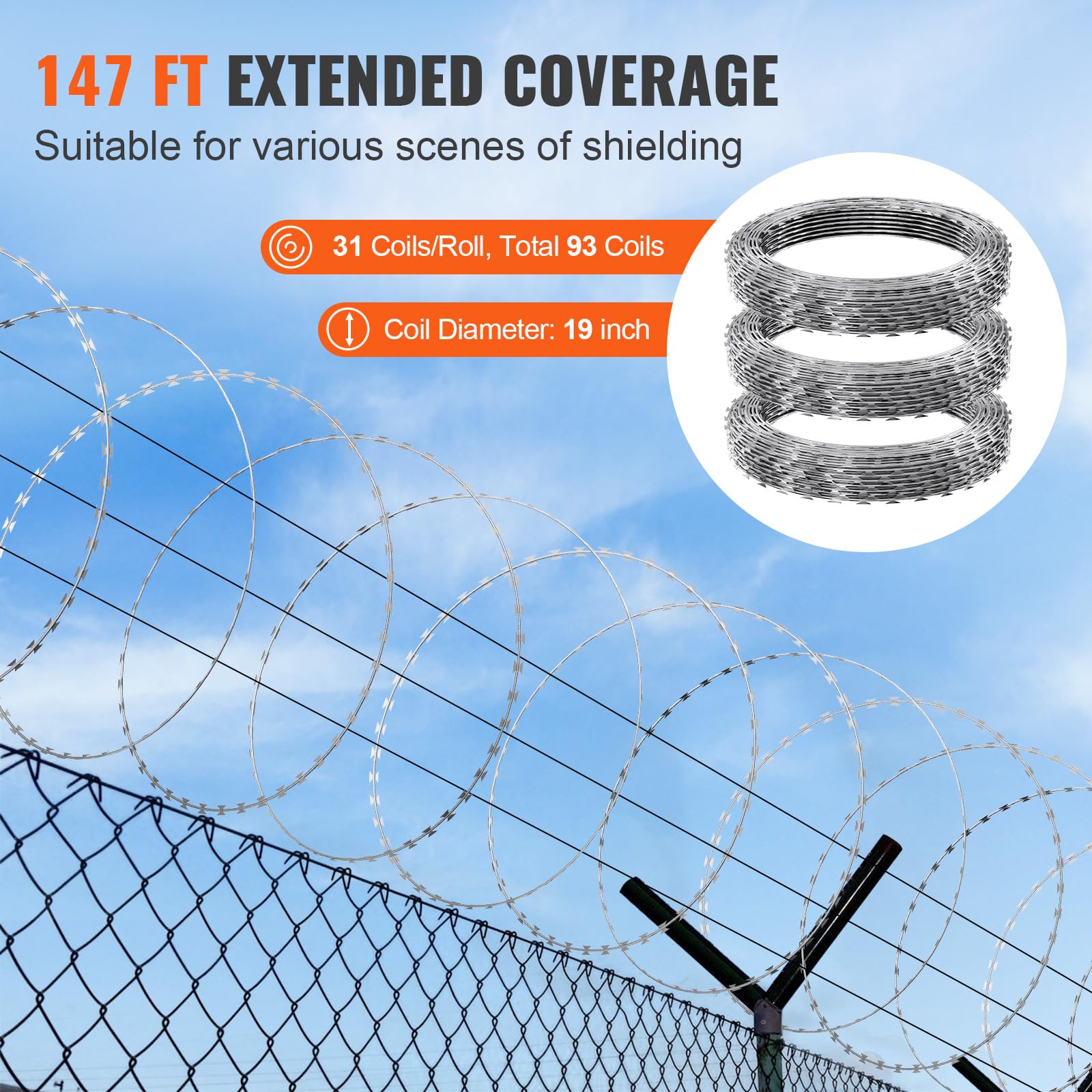 VEVOR 147ft Galvanized Steel Razor Barbed Wire Fence - 3 Coils (49ft Per Roll) for Garden Security & Property Protection | Heavy Duty Razor Ribbon Fencing for Home, Farm & Perimeter Defense