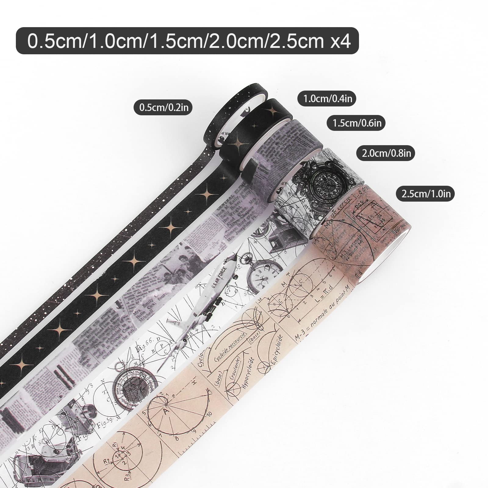 20 Rolls Black Washi Tape Set - Space & Dark Academy Series | Gothic Aesthetic Decorative Tapes for Scrapbooking, Journaling, DIY Crafts & Home Decor