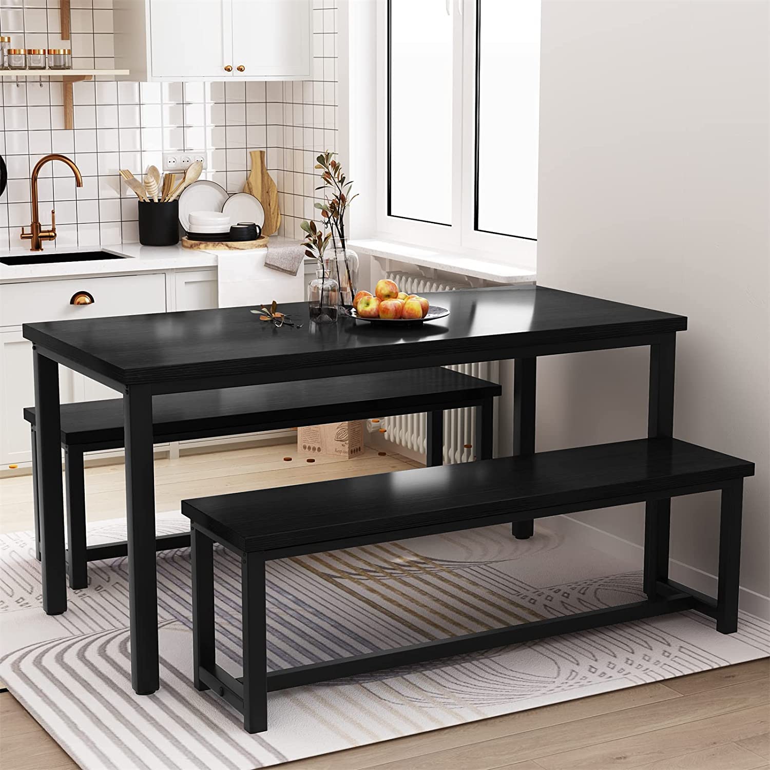 Farmhouse Dining Table Set with 2 Benches - Solid Wood Kitchen Table and Chairs for 4-6 People, Black Breakfast Nook Set for Small Spaces - Perfect for Family Meals, Entertaining Guests & Cozy Dining