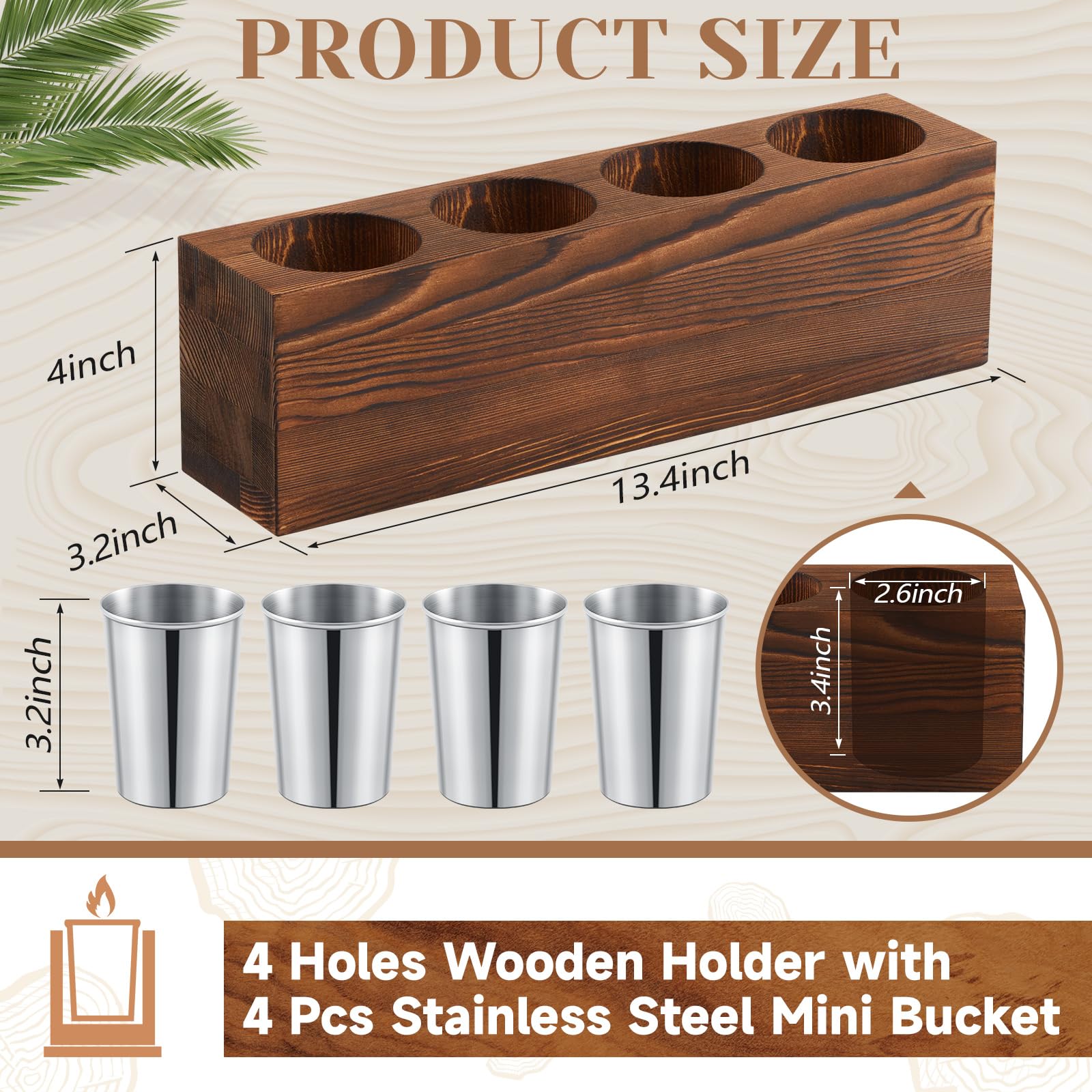Rustic Farmhouse Wooden Christmas Candle Holder with 4 Stainless Steel Candle Molds - Perfect for Holiday Tables, Centerpieces, and Succulent Planters | Great for Christmas Decor, Weddings & Farmhouse Style Homes