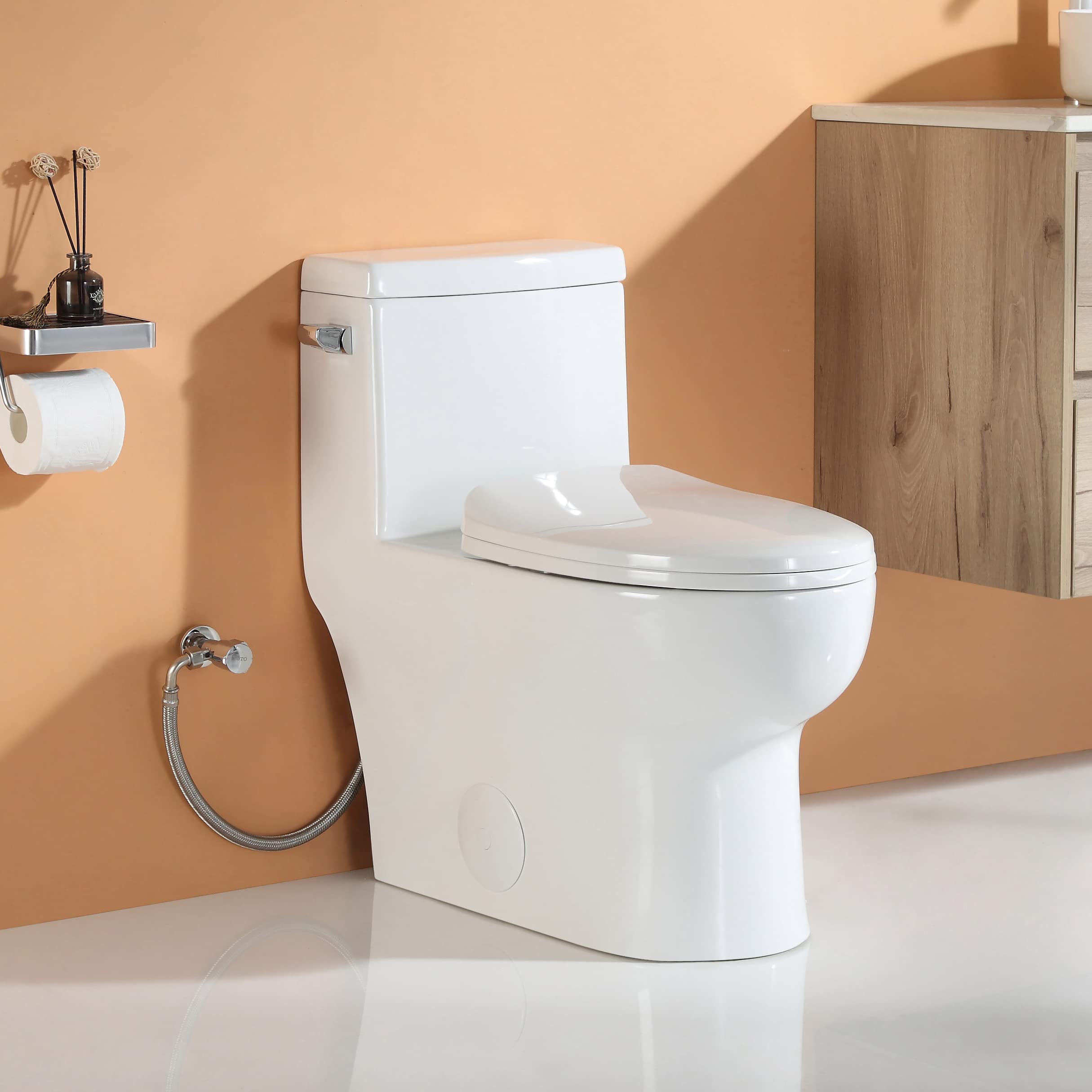 HOROW HR-ST076W One Piece Elongated Toilet with Soft Closing Seat - Left-Hand Trip Lever, 1.28 GPF High Efficiency Single Side Flush, 12-Inch Rough-In, White Bathroom Toilet Bowl for Modern Homes & Commercial Spaces