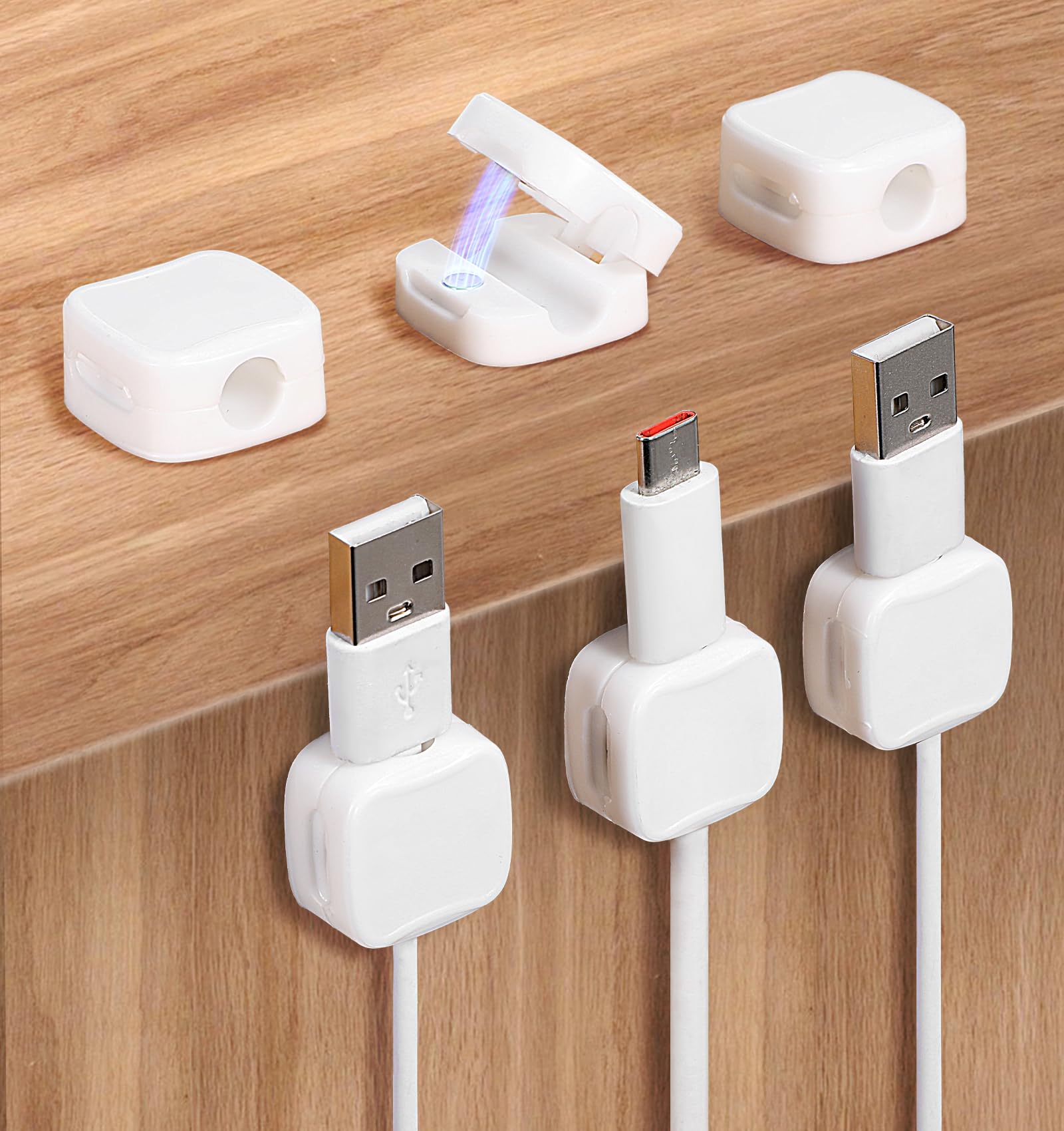 6 Pack Magnetic Cable Clips - Strong Adhesive Cord Organizer for iPhone Charger, USB Cables, Phone Wires - Perfect for Nightstand, Car, Office, Home Desk & Wall Mount (White) - Keep Your Space Tidy & Tangle-Free