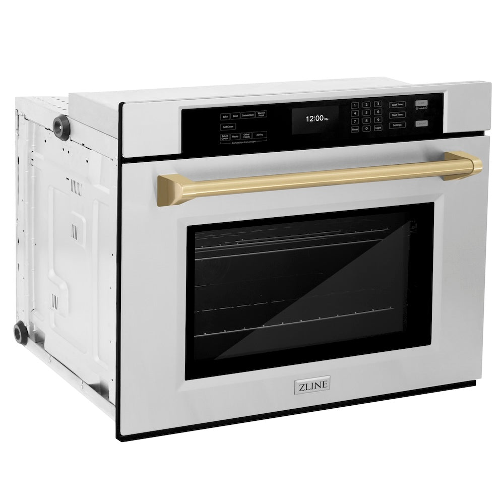 ZLINE Autograph Edition 30 Inch Stainless Steel Professional True Convection Wall Oven with Air Fry & Self-Clean - Champagne Bronze Handle (WASZ 30 CB) | Perfect for Home Chefs & Modern Kitchens