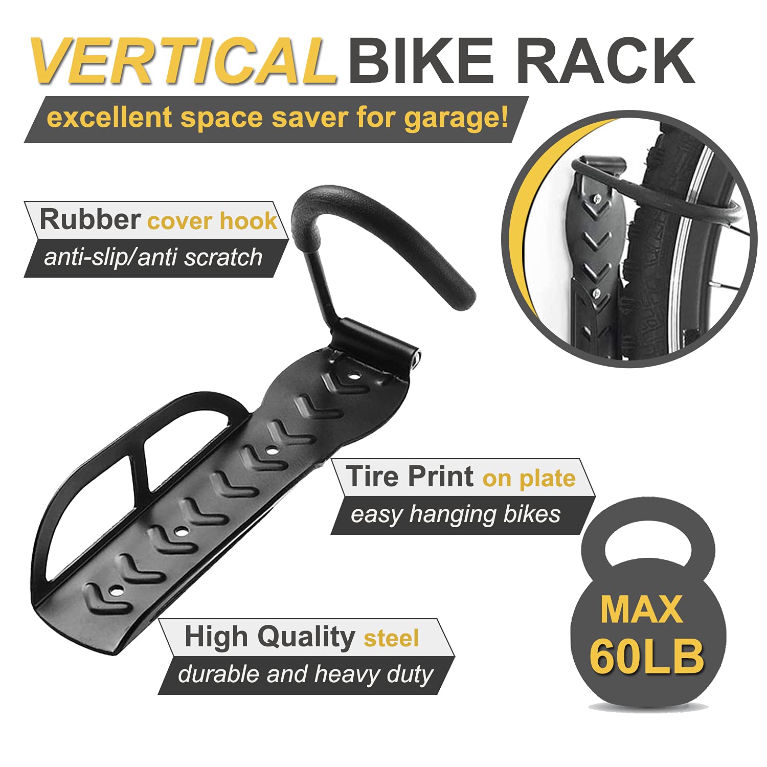 2 Pack Vertical Bike Hooks - Garage Wall Mount Bicycle Rack for Indoor Storage | Space Saving Bike Organizer for Home, Apartment & Garage