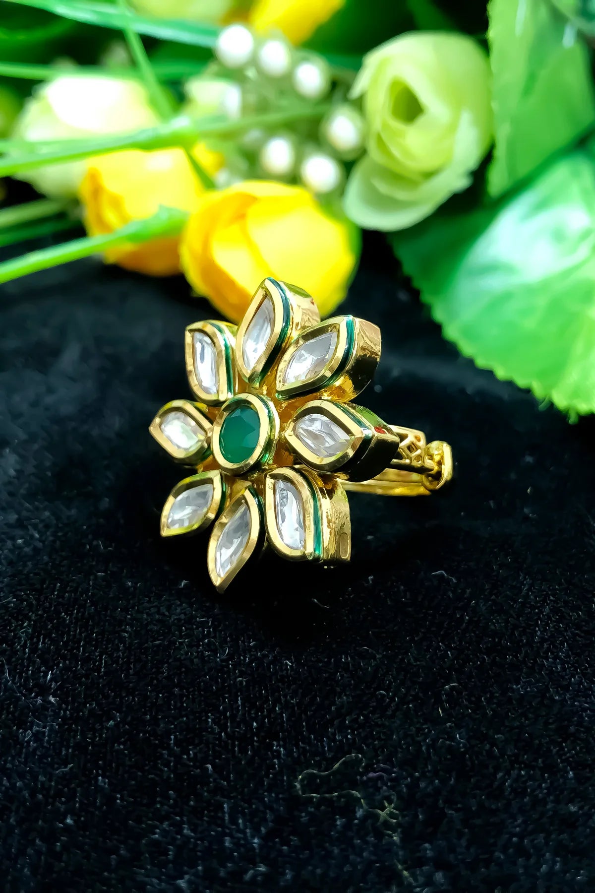 Designer Gold Plated Royal Kundan Beaded Ring (Design 195) - Elegant Indian Jewelry for Weddings, Parties & Special Occasions