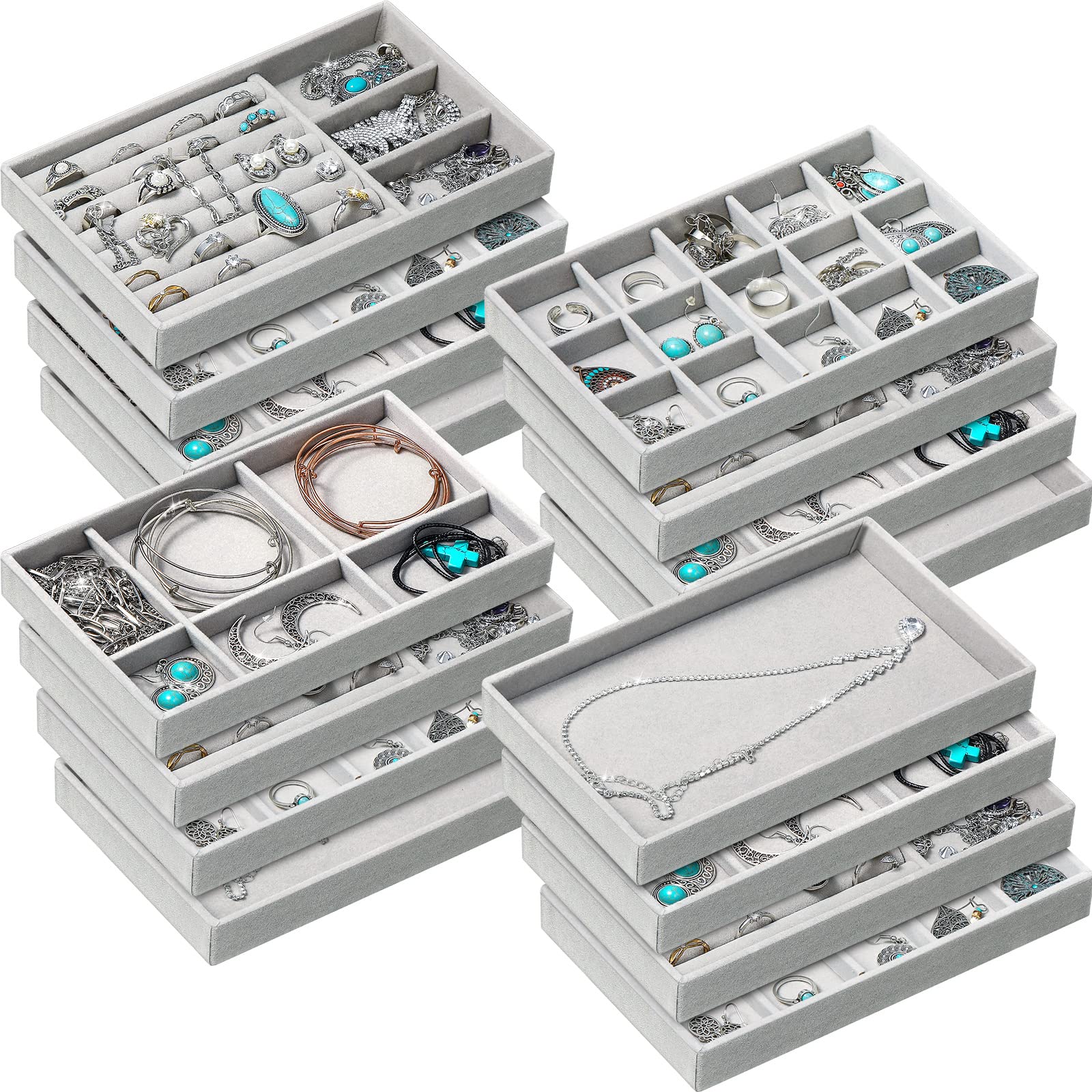 16-Piece Stackable Velvet Jewelry Organizer Set - 8.3x5x1 Inch Drawer Inserts for Rings, Earrings & Accessories | Closet & Dresser Storage Solution | Perfect Wedding Gift for Women & Girls