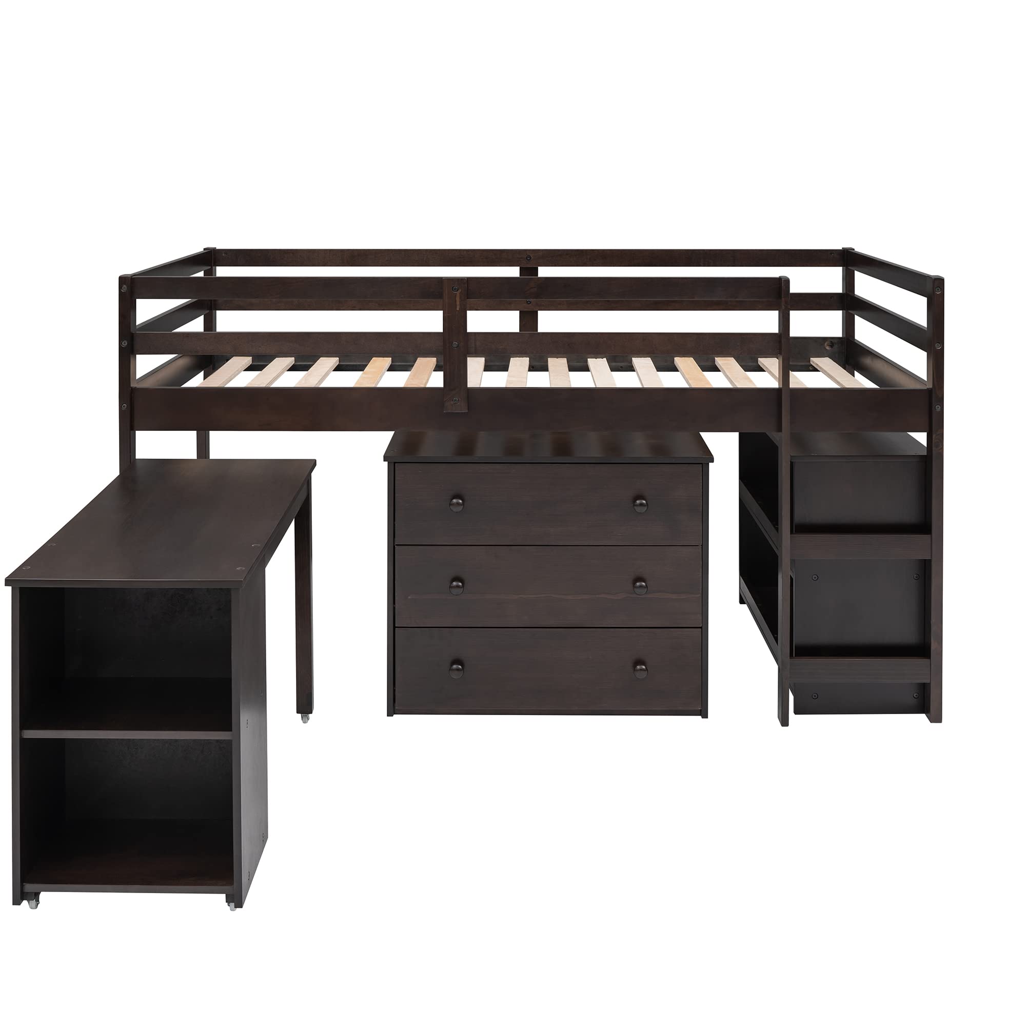 Twin Size Loft Bed with Desk and Cabinet - Low Study Loft Bed Frame for Kids & Teens - Rolling Portable Desk Included - Espresso Finish - Perfect for Small Bedrooms, Dorms & Study Spaces