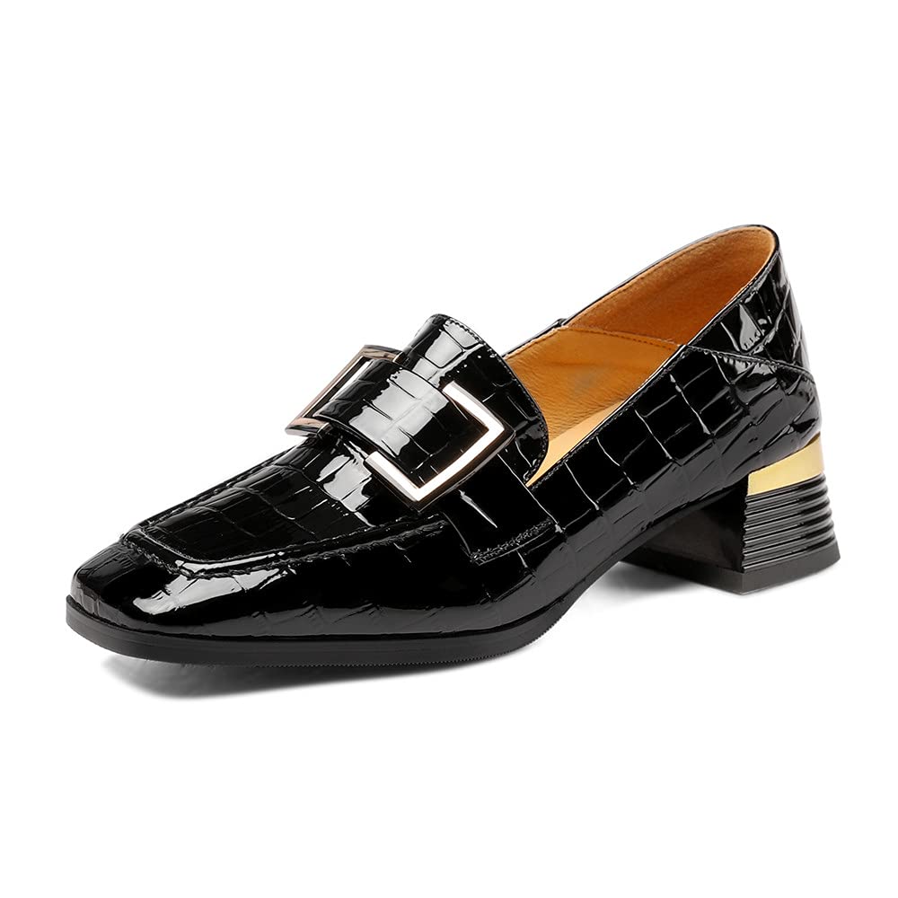 TinaCus Women's Patent Leather Loafers - Square Toe Slip-On Shoes with Buckle Detail & Chunky Low Heel for Women | Comfortable Casual Flats for Office, Travel & Everyday Wear