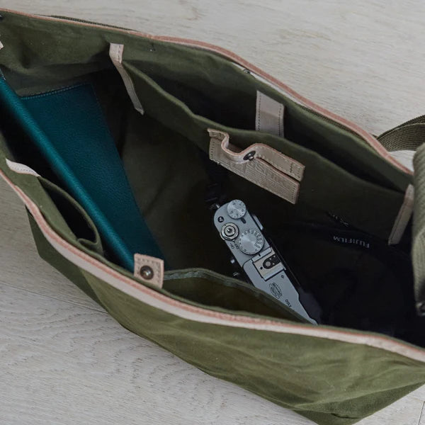 Kurashiki Hampu Canvas Shoulder Bag - Khaki Japanese Style Tote for Women & Men | Durable Cotton Crossbody Bag for Travel, Work & Everyday Use