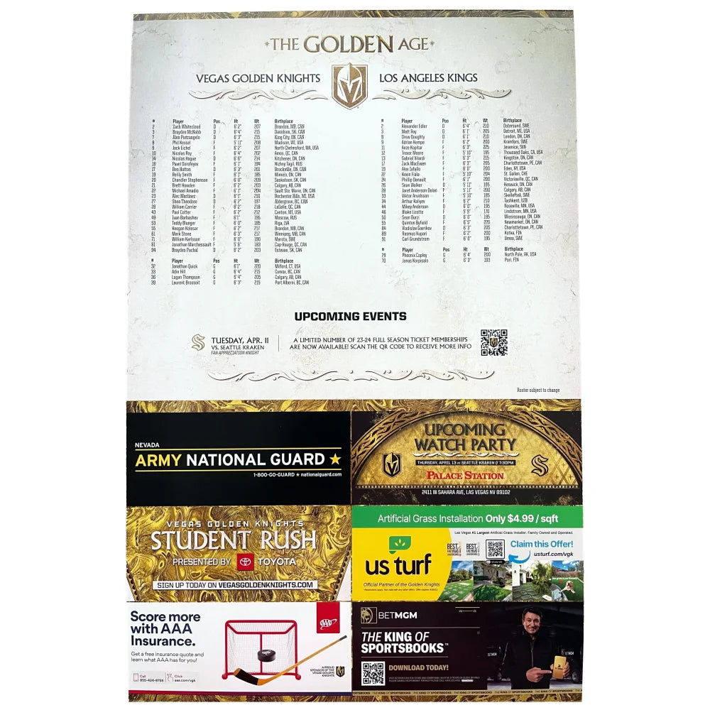 Jonathan Quick Autographed Vegas Golden Knights 11x17 Game Day Poster with COA - IGM Certified 4/6/23 - Perfect for Hockey Fans, Sports Memorabilia Collectors & Man Cave Decor