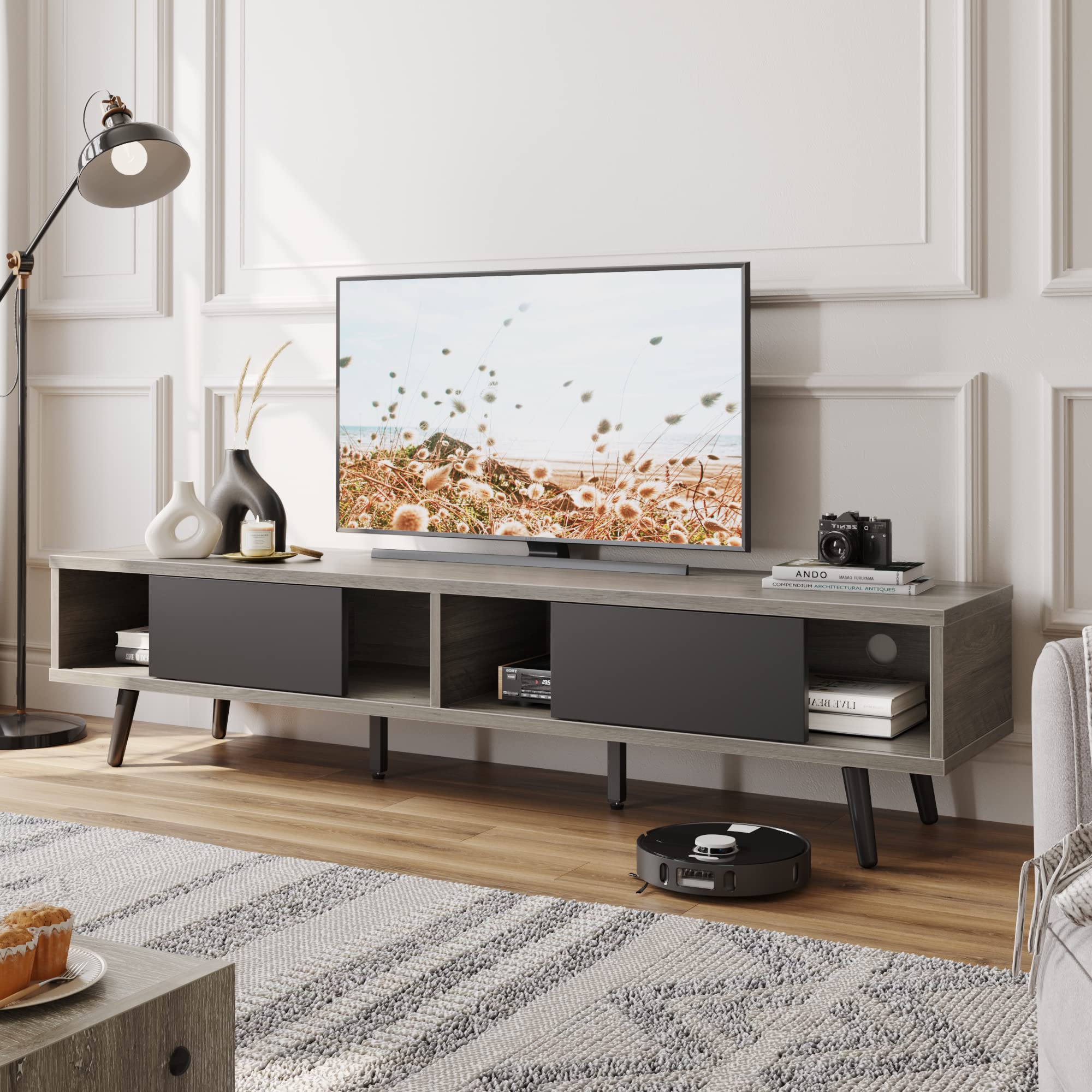 Bestier 70 Inch Modern TV Stand for 75 Inch TVs - Low Profile Entertainment Center with Storage & Cord Management - Gray Wash - Perfect for Living Room, Bedroom & Home Theater Setup