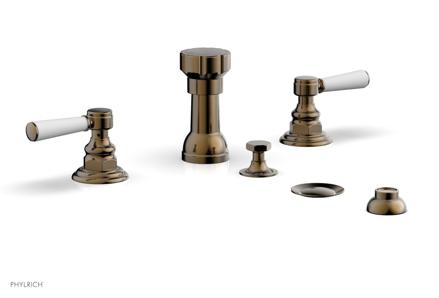 HEX TRADITIONAL Four Hole Bidet Faucet Set with Satin White Lever Handles - Model 500 61 - Perfect for Bathroom Renovation and Modern Toilet Upgrades