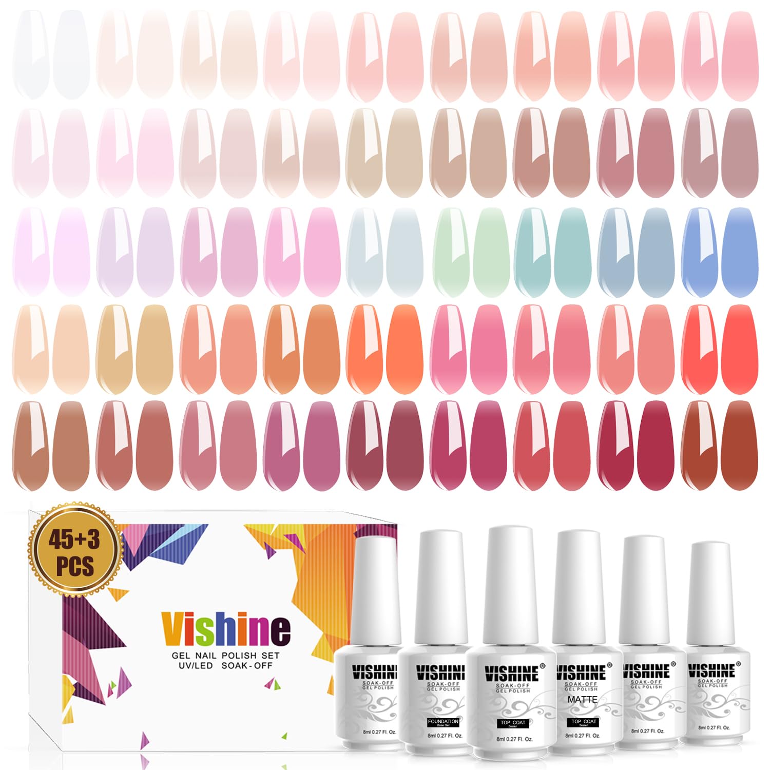 Vishine 45 Colors Gel Nail Polish Starter Kit with UV LED Nail Lamp - Sheer Milky Pink Jelly Nude Transparent Gel Polish, Base Coat, Top Coat & Matte Top Coat - Complete Nail Art Manicure Tools Set for Home Salon & Professional Use