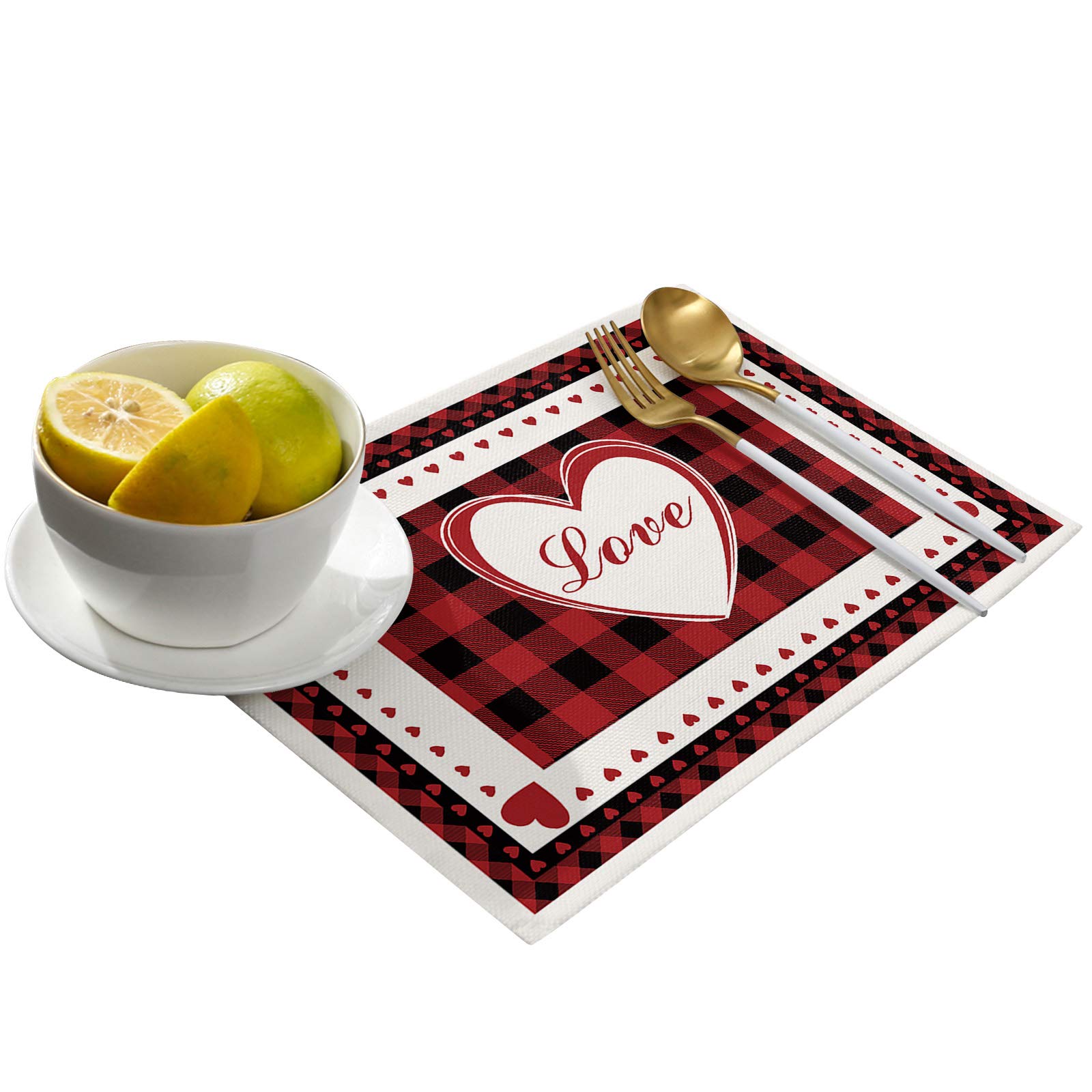 Romantic Valentine's Day Placemats Set of 4 - Heart Red Buffalo Check Plaid Heat Resistant Table Mats for Dining, Washable Cotton Burlap | Perfect for Valentine's Dinner, Anniversary Celebration & Romantic Date Night Decor