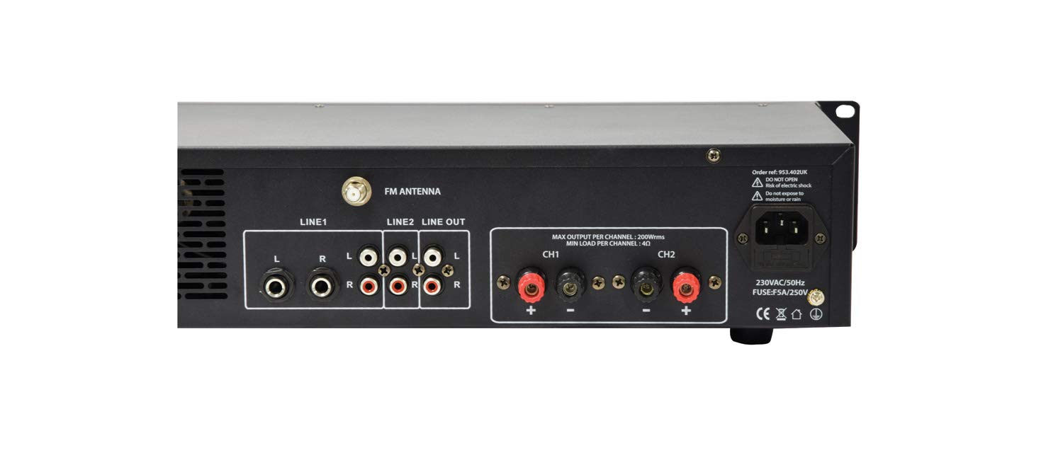 Adastra 200W Stereo PA Amplifier with FM Radio, USB, SD Card & Bluetooth - 2 Channel Power Amplifier for DJ, Karaoke, Party & Live Performances
