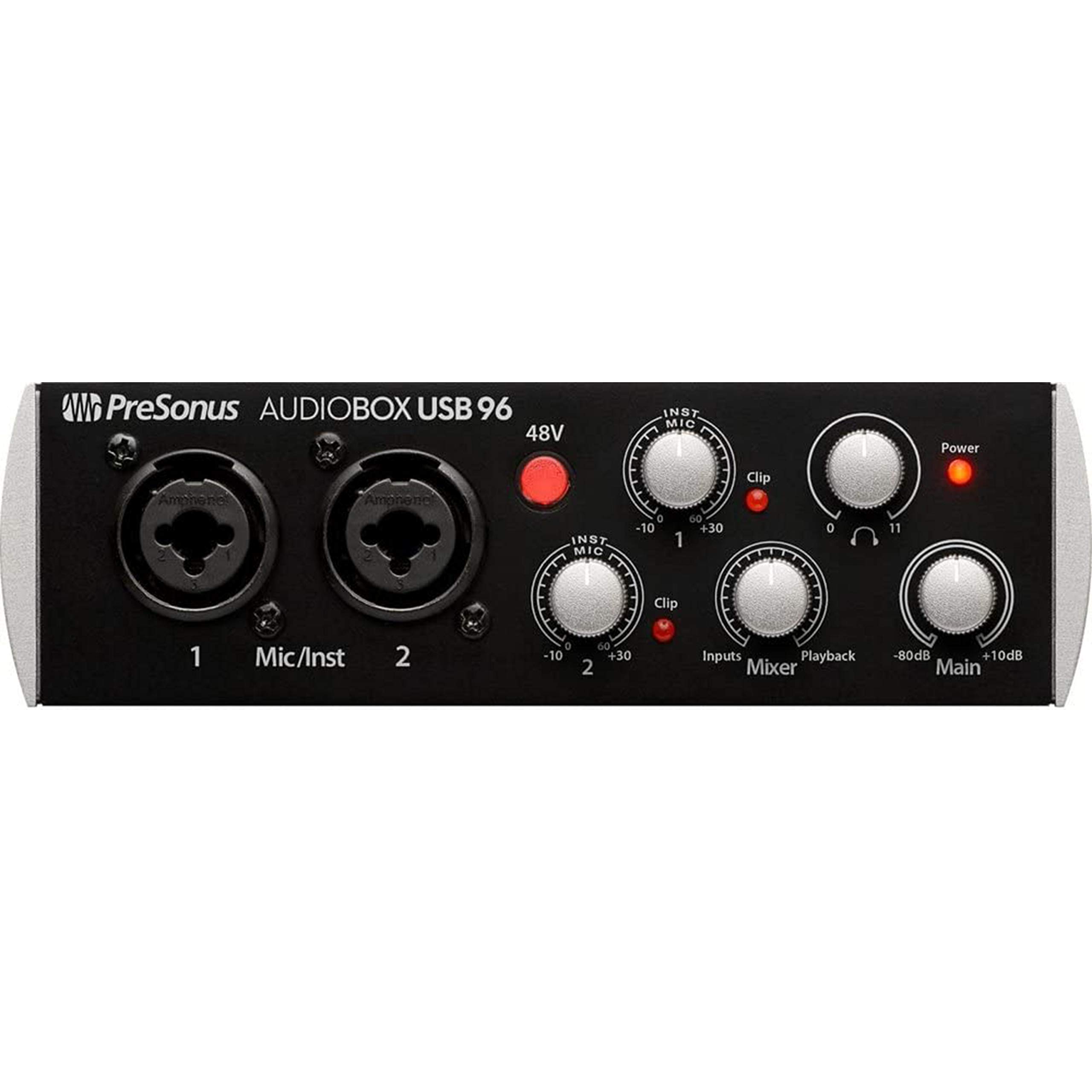 PreSonus AudioBox USB 96 Digital Audio Interface with 96kHz Converters - USB Bus-Powered, Class A MIC/LINE/Instrument Preamps - Includes Gravity Phone Holder & XLR Cables (Black) - Perfect for Home Recording, Podcasting & Music Production