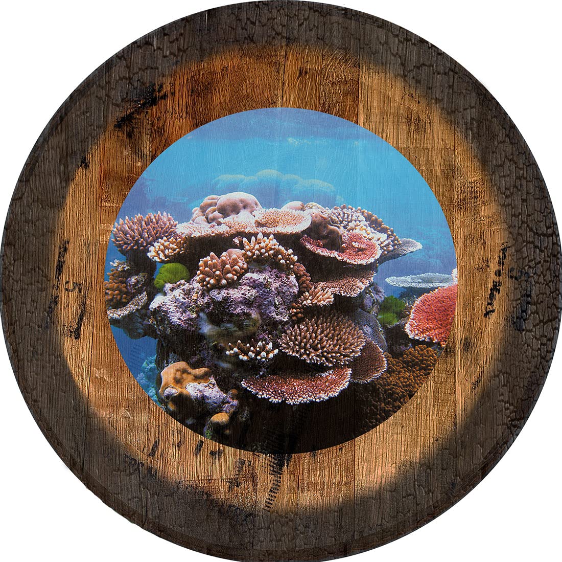 PS Prints Tropical Coral Reef Beach Wall Art - Large Oak Whiskey Barrel Lid Decor for Coastal Living Room, Beach House & Nautical Theme Bedroom