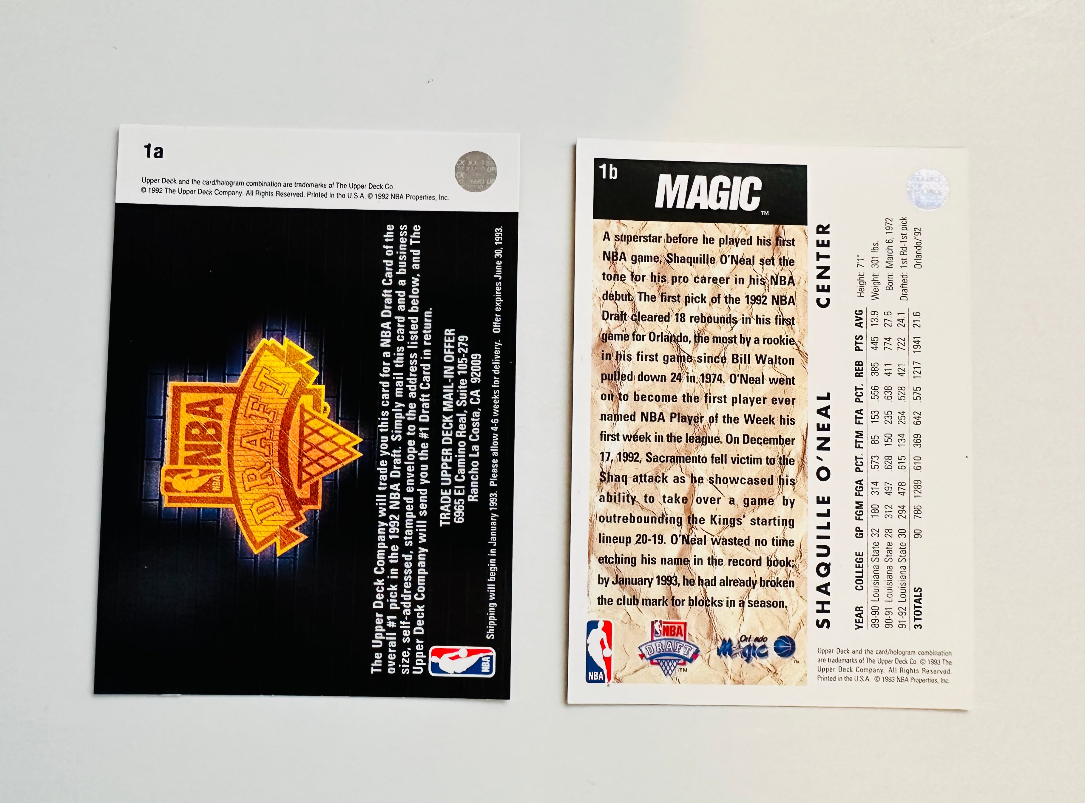 1992 Shaq Upper Deck 1B Basketball Rookie Card with Rare Redemption Card - Perfect for NBA Collectors, Sports Memorabilia Enthusiasts & Investment Opportunities