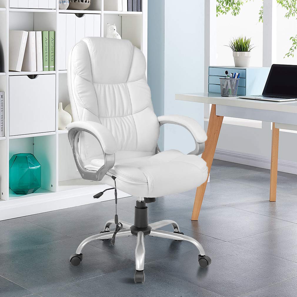 Best Ergonomic Office Chair - White Faux Leather Executive Chair with Lumbar Support, Massage & Vibration, 360° Swivel & Adjustable Armrests - Perfect for Home Office, Gaming, and Corporate Workspaces