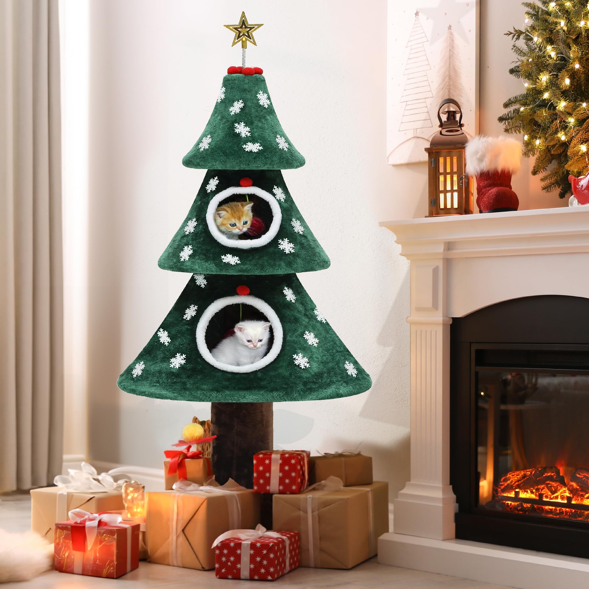 YITAHOME 52-inch Christmas Cat Tree with 2 Cozy Cat Houses - Indoor Cat Tower Furniture with Teaser Toy for Play & Holiday Decor - Perfect for Living Room, Bedroom & Christmas Gift for Cat Lovers