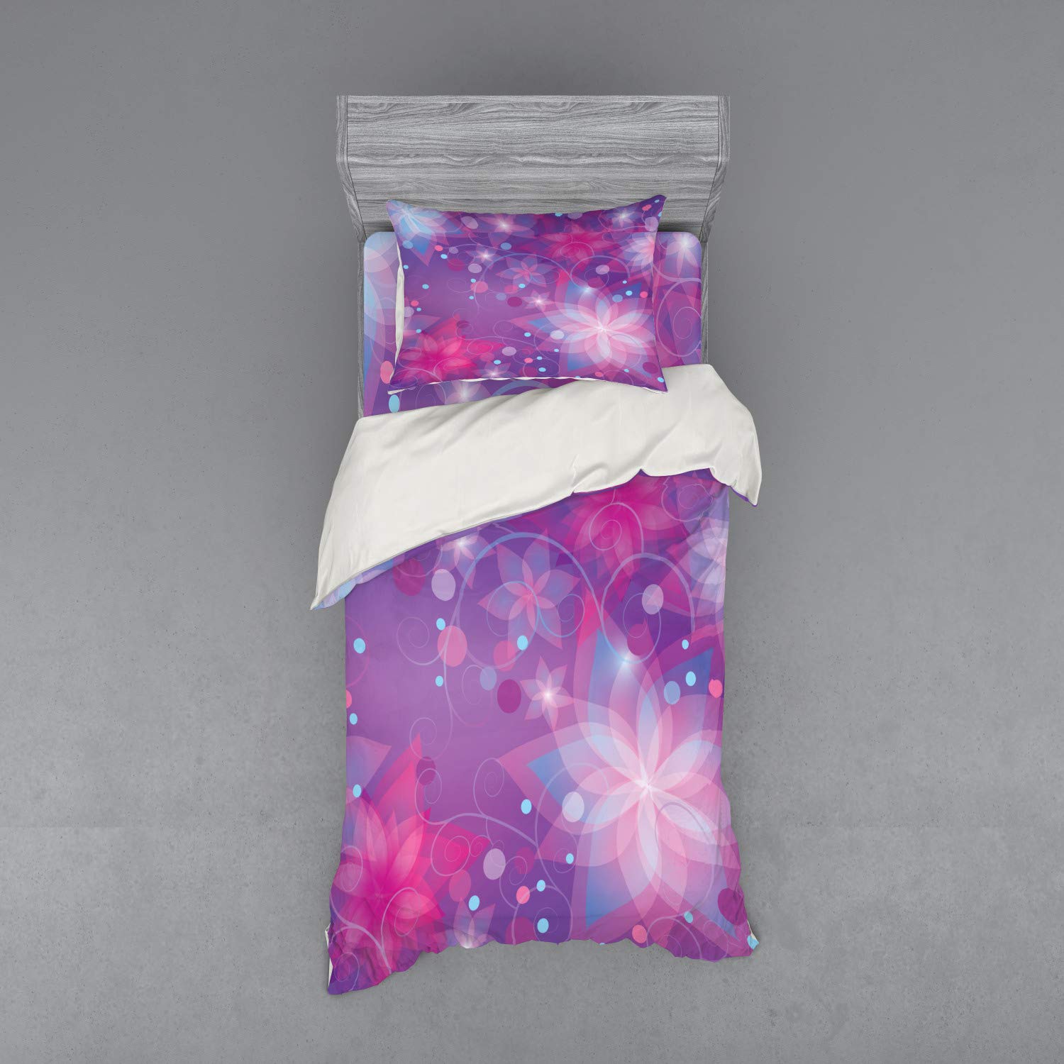 Ambesonne Abstract Floral Duvet Cover Set - Romantic Lilies & Swirls Design, 3-Piece Twin Bedding Set with Sham & Fitted Sheet in Violet Pink Pale Blue | Perfect for Bohemian Bedrooms, Guest Rooms & Cozy Home Decor