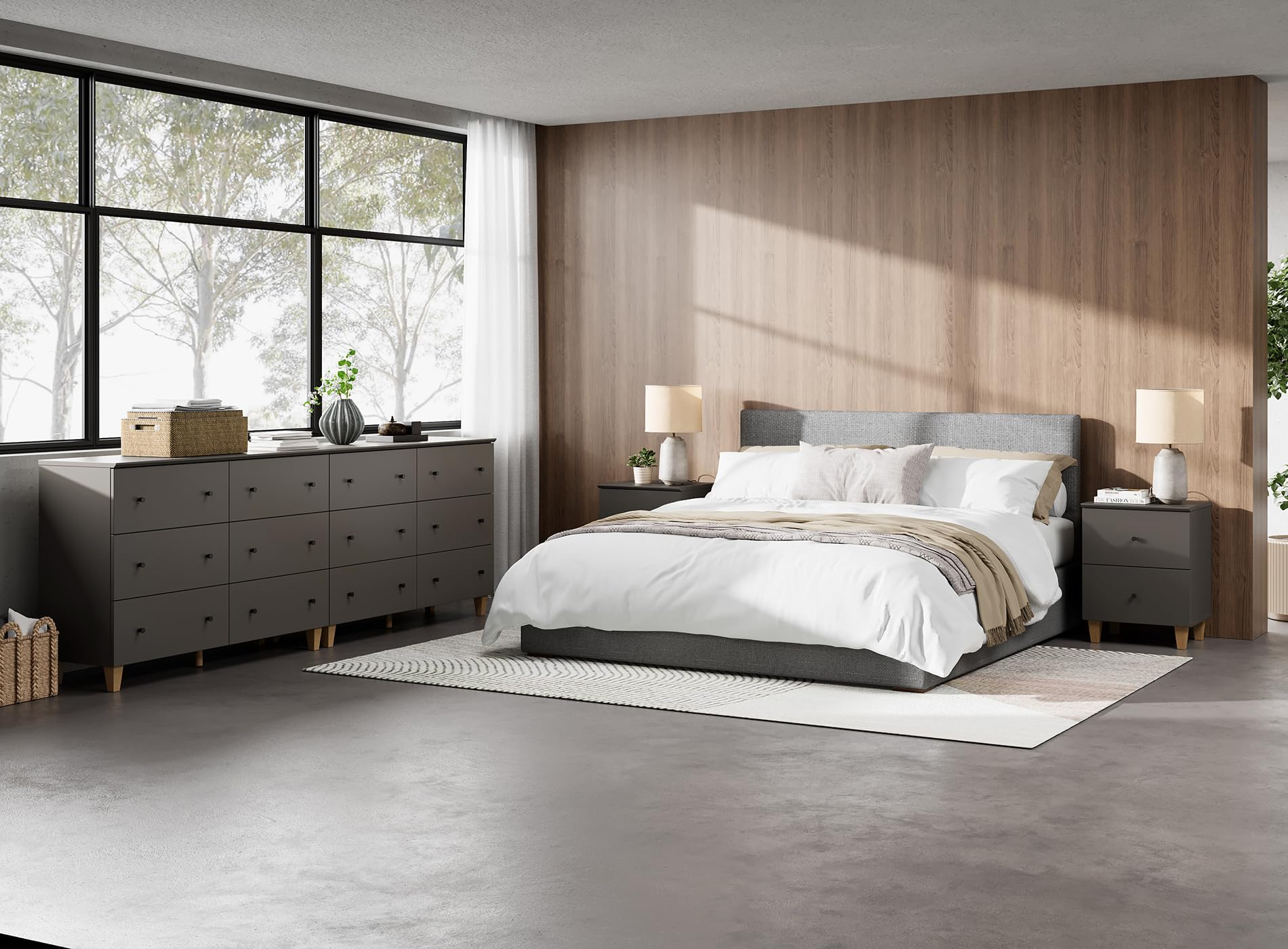 WAMPAT 94.4 Inch 12-Drawer Wood Dresser with 2 Nightstands - Dark Grey Bedroom Furniture Set with Charging Stations | Perfect for Master Bedroom, Guest Room & Apartment Storage