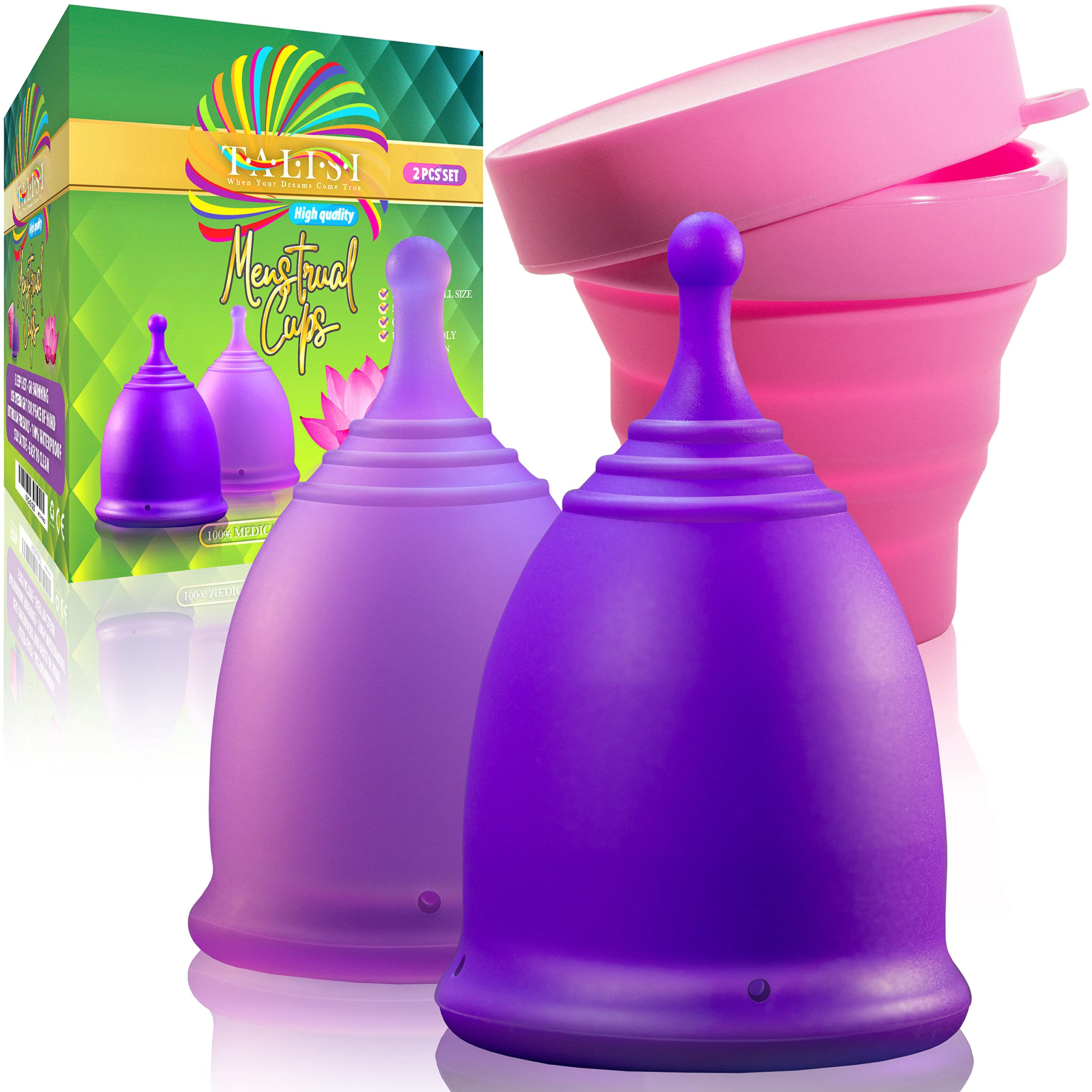 **Talisi Reusable Menstrual Cup Set (Small & Large) – 2 Pack with Foldable Silicone Sterilizer | Soft, Leak-Proof Period Cup for Heavy & Light Flow | Eco-Friendly Alternative to Tampons & Pads | Ideal for Travel, Gym & Active Lifestyles**