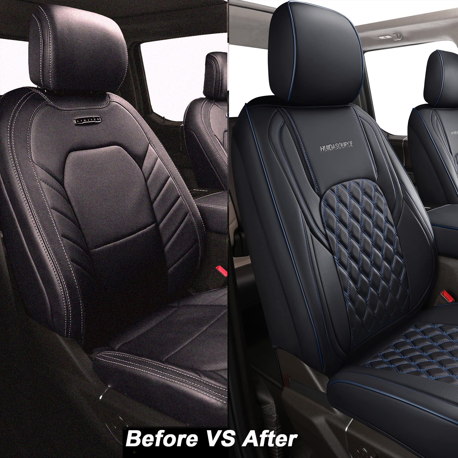 Premium Leather Seat Covers for Jeep Wrangler JL 4-Door (2018-2024) - Full Set Custom Fit with No Rear Cupholder | Black & Blue Design | Durable Protection for Off-Road Adventures & Daily Commuting