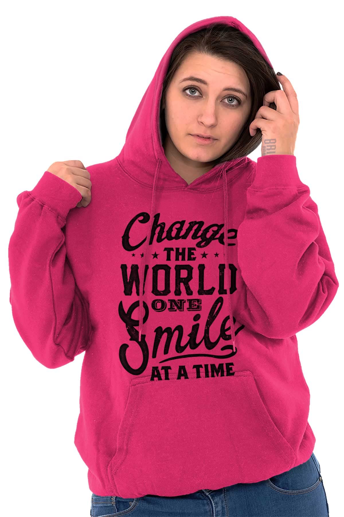 Brisco Brands Inspirational Hoodie Sweatshirt for Women - Change the World One Smile at a Time - Cozy Pullover for Casual Wear & Everyday Inspiration