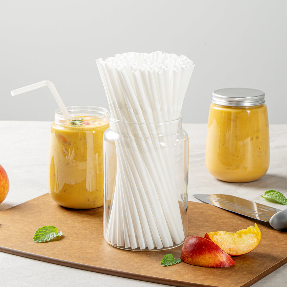 Eco-Friendly White PLA/PBAT Plastic Straws - Flexible, Compostable, 8.25